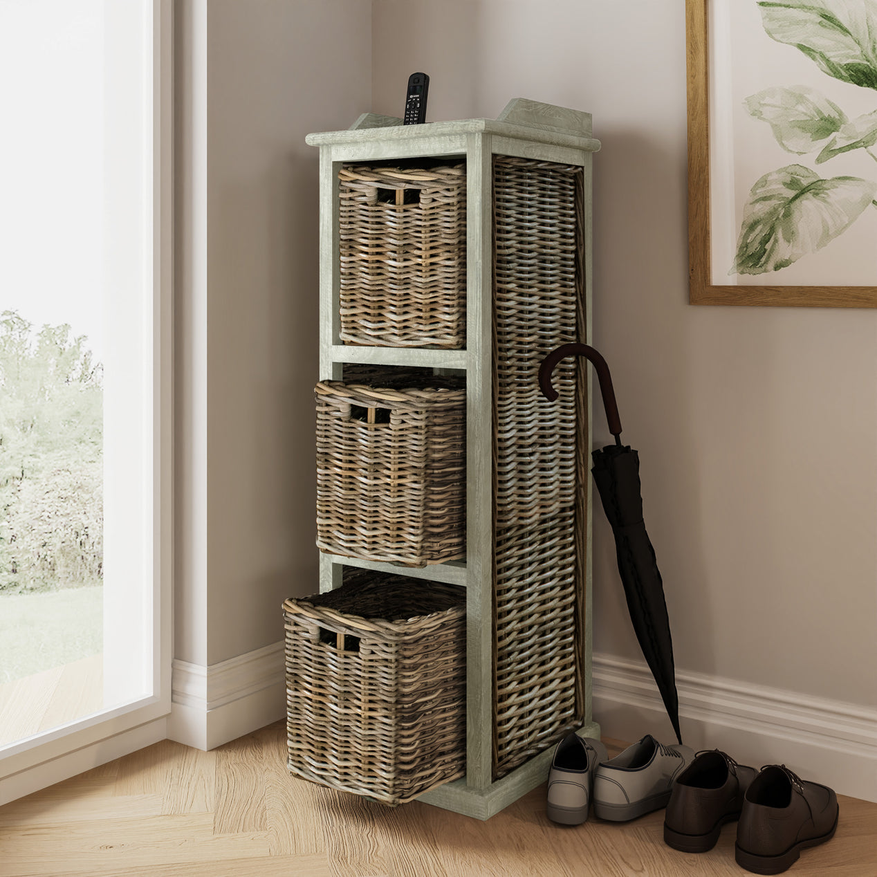 Maya Handmade Kubu Rattan 3 Basket Storage Unit Limewash