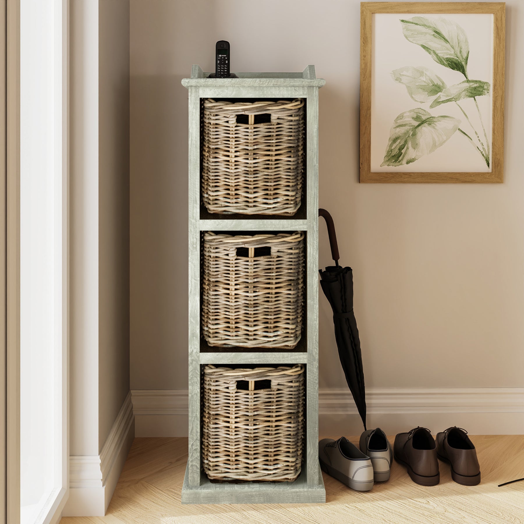 Maya Handmade Kubu Rattan 3 Basket Storage Unit Limewash