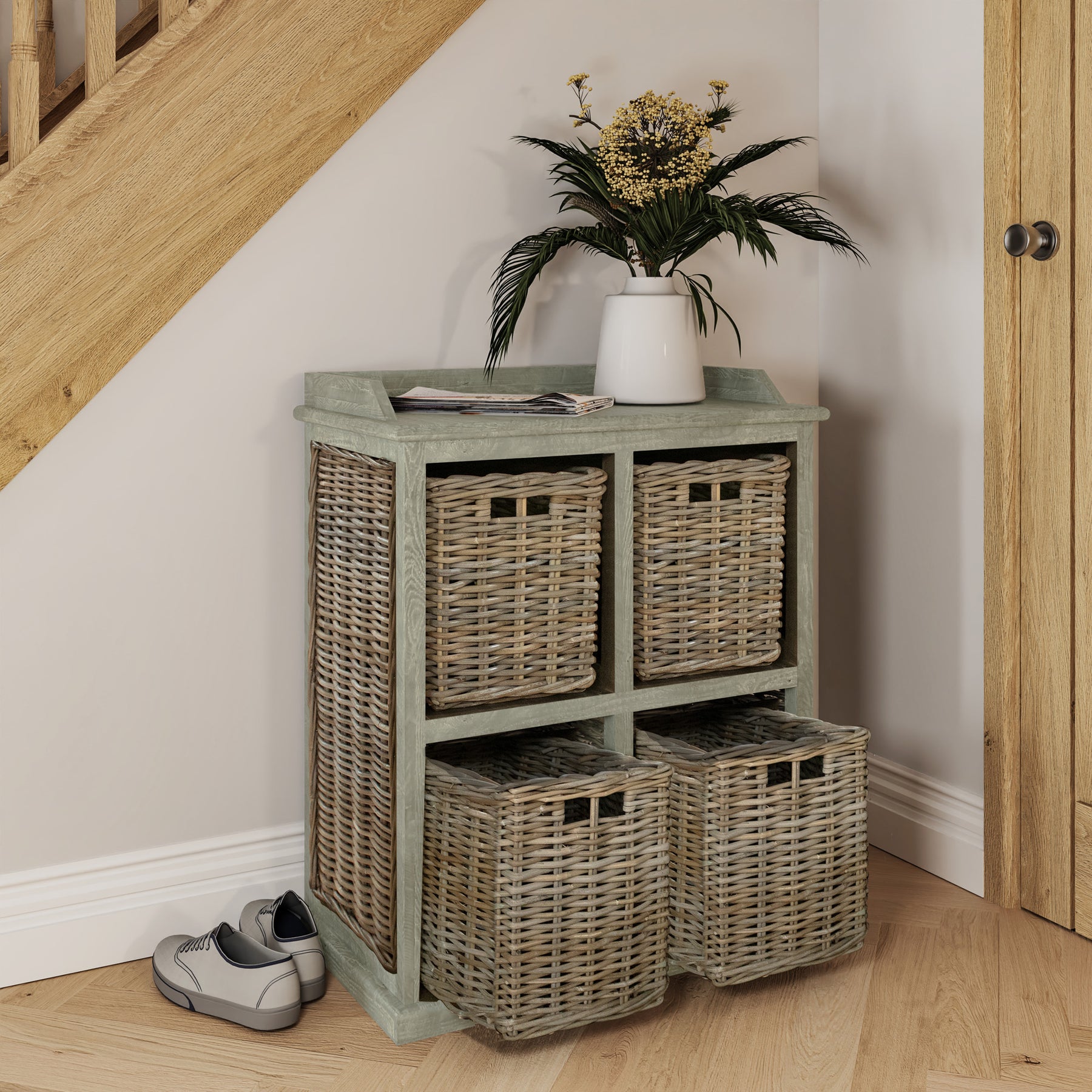 Maya Handmade Kubu Rattan 2 Over 2 Basket Storage Unit Limewash