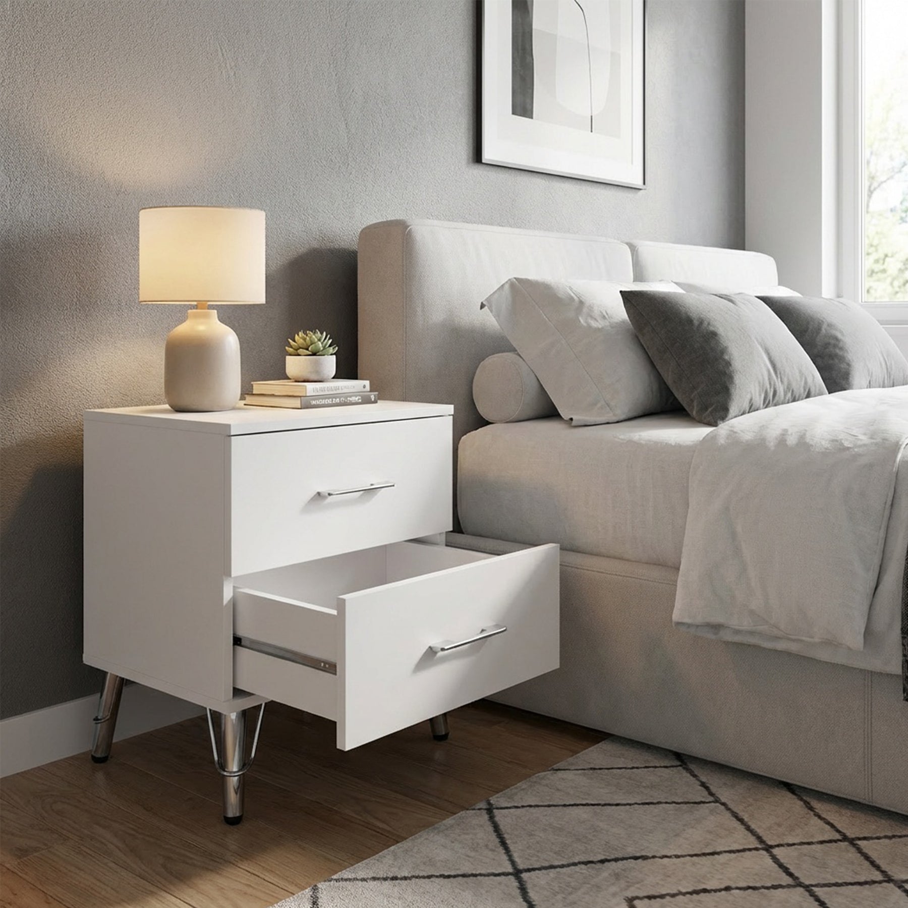 FWStyle Maldon White 2 Drawer Bedside Chest Table