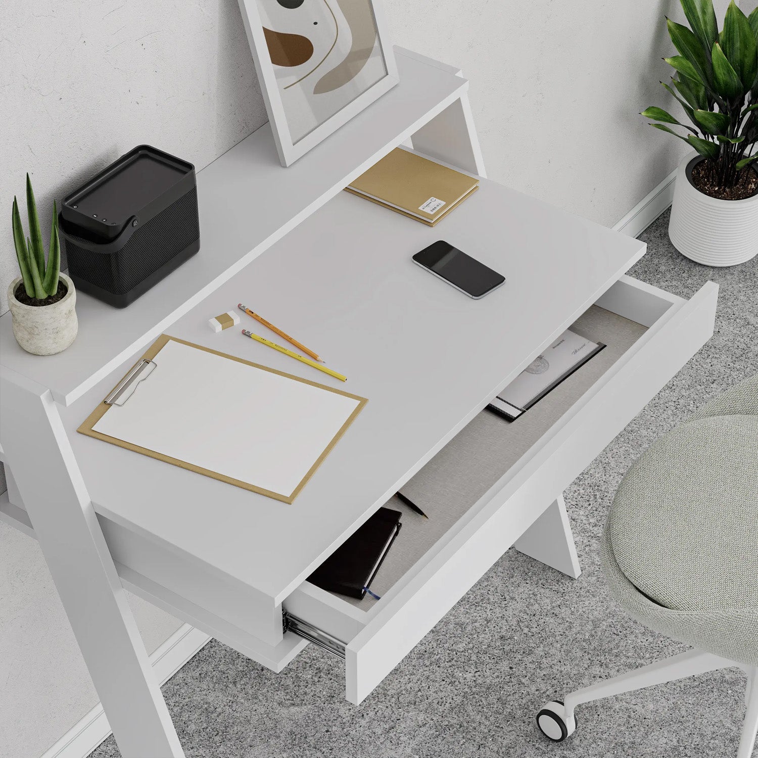 Cowork Modern Desk White Wall Mounted With Drawer 94cm Wide
