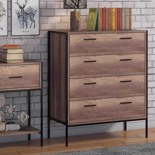 FWStyle Loft Industrial 4 Drawer Chest Of Drawers Wood Effect Black Metal Frame