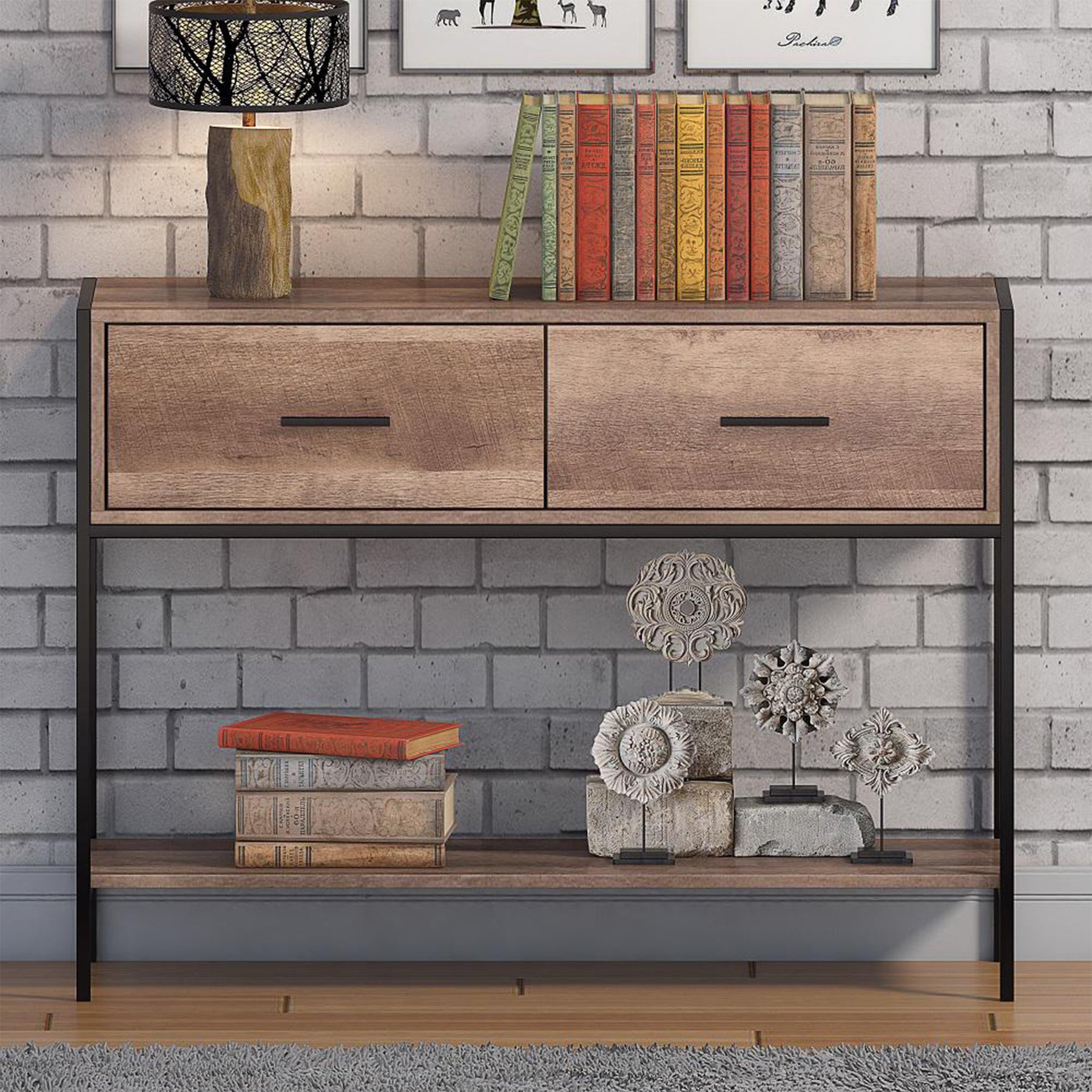 FWStyle Loft Industrial 2 Drawer Console Table Wood Effect Black Metal Frame