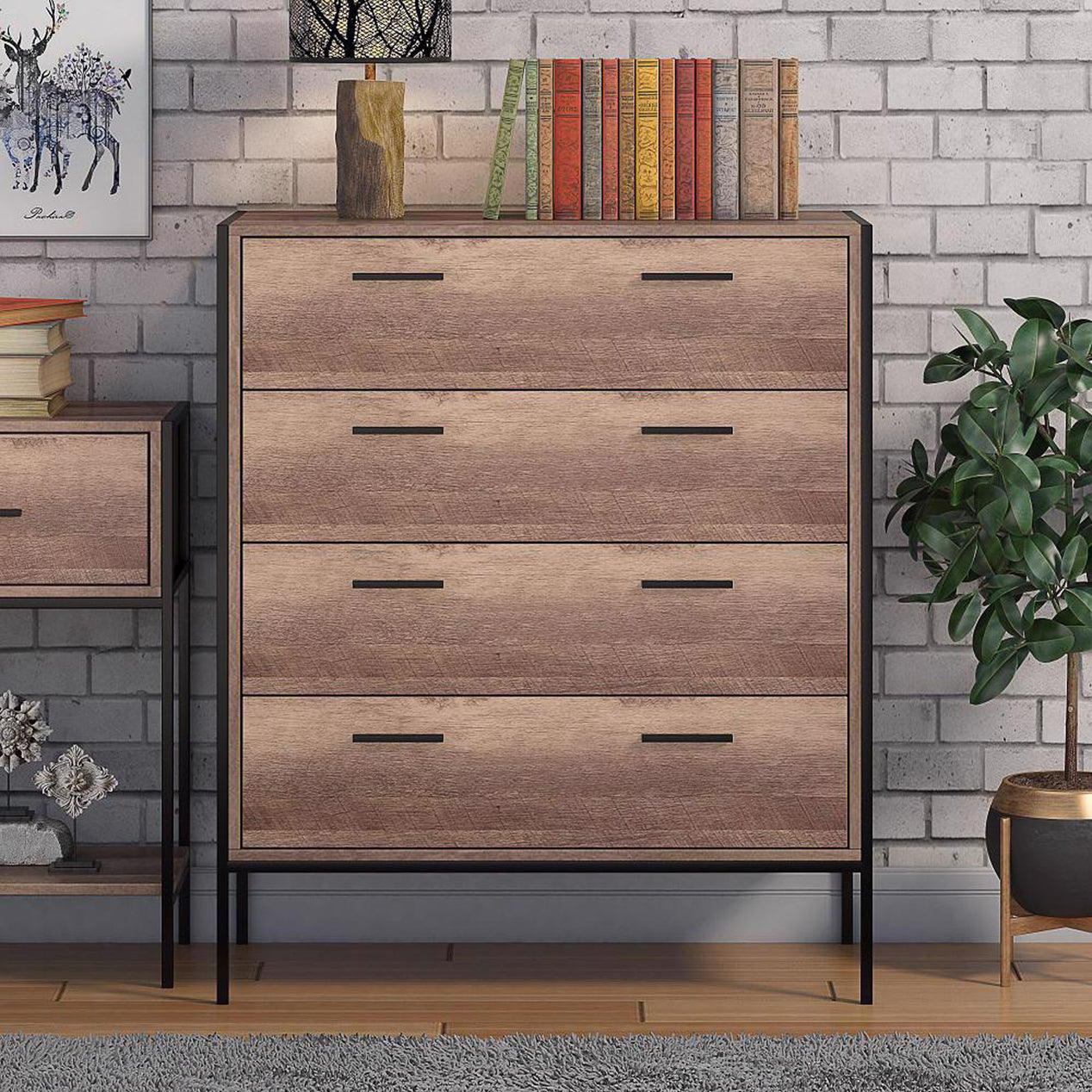 FWStyle Loft Industrial 4 Drawer Chest Of Drawers Wood Effect Black Metal Frame