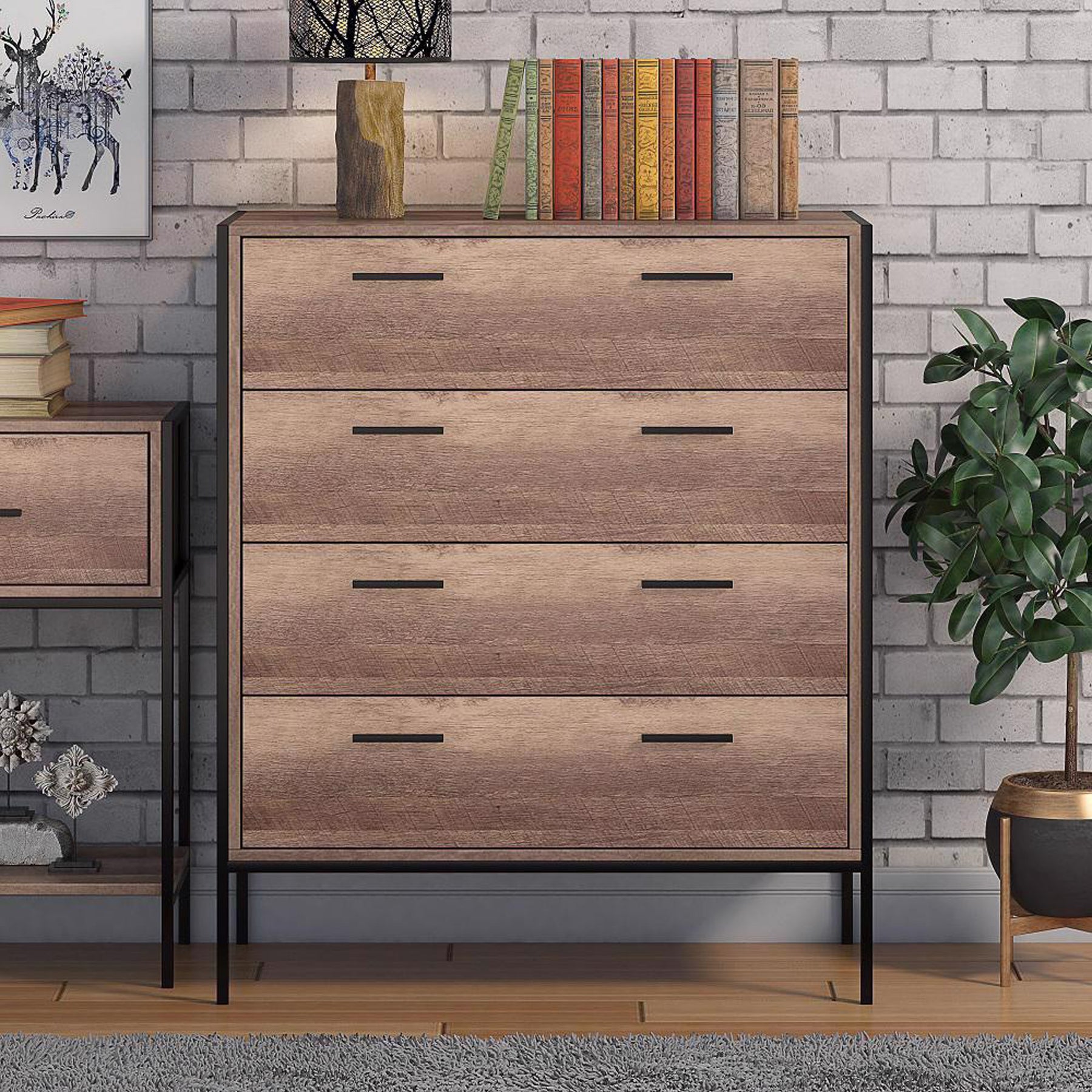 FWStyle Loft Industrial 4 Drawer Chest Of Drawers Wood Effect Black Metal Frame