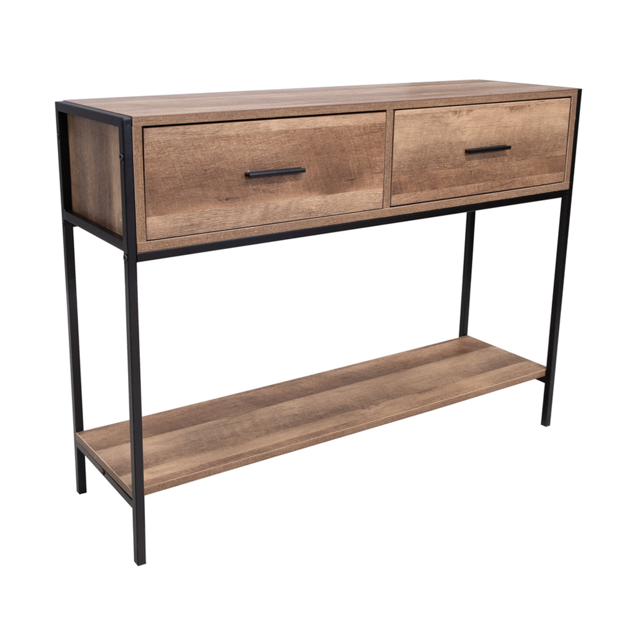 FWStyle Loft Industrial 2 Drawer Console Table Wood Effect Black Metal Frame