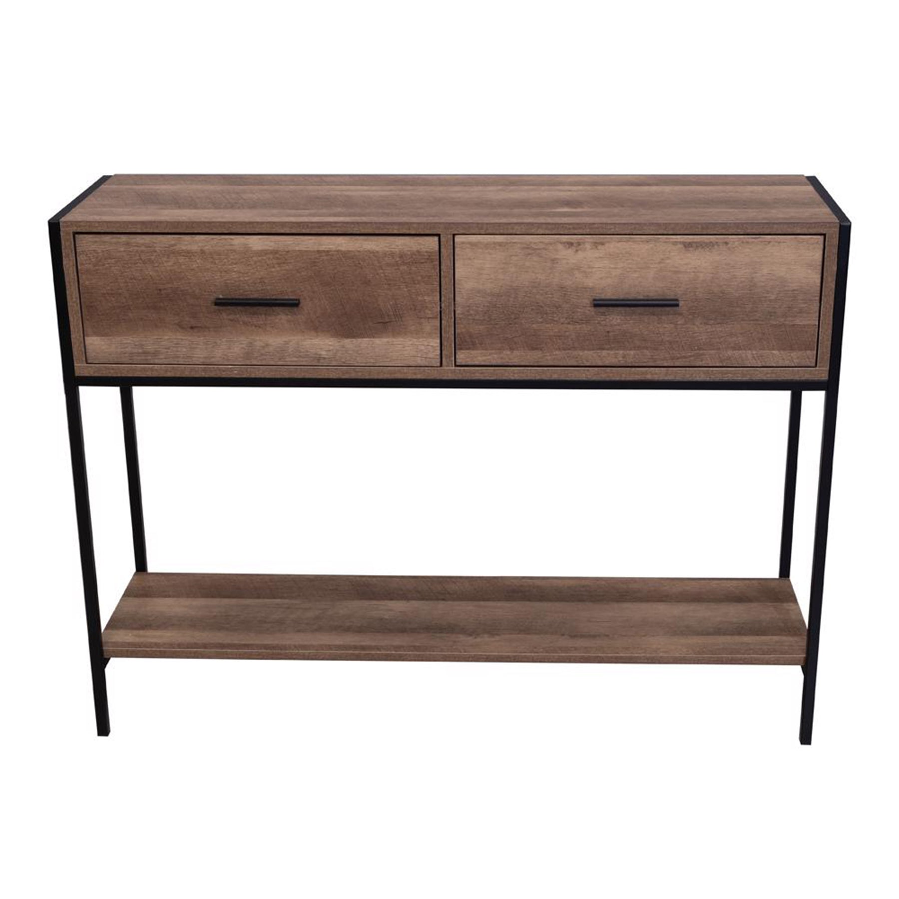 FWStyle Loft Industrial 2 Drawer Console Table Wood Effect Black Metal Frame
