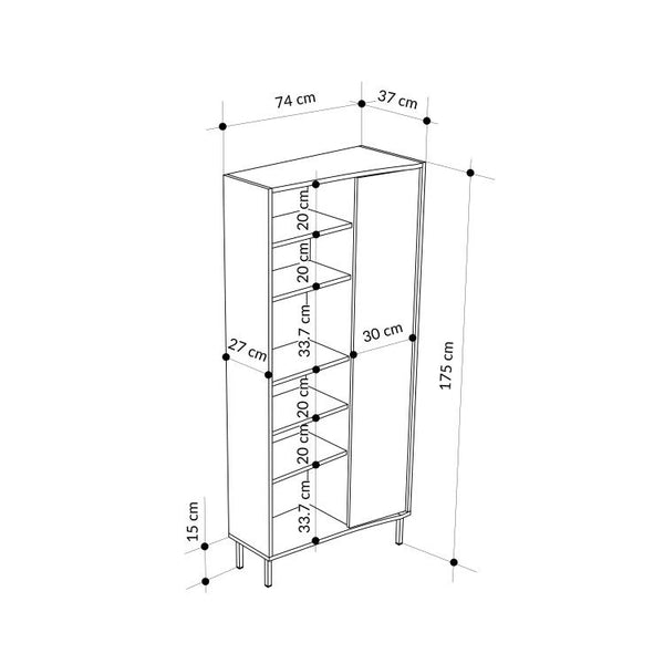 Frem Curved 5 Tier Tall Bookcase with 1 Door – Ash Green – 175.5 cm