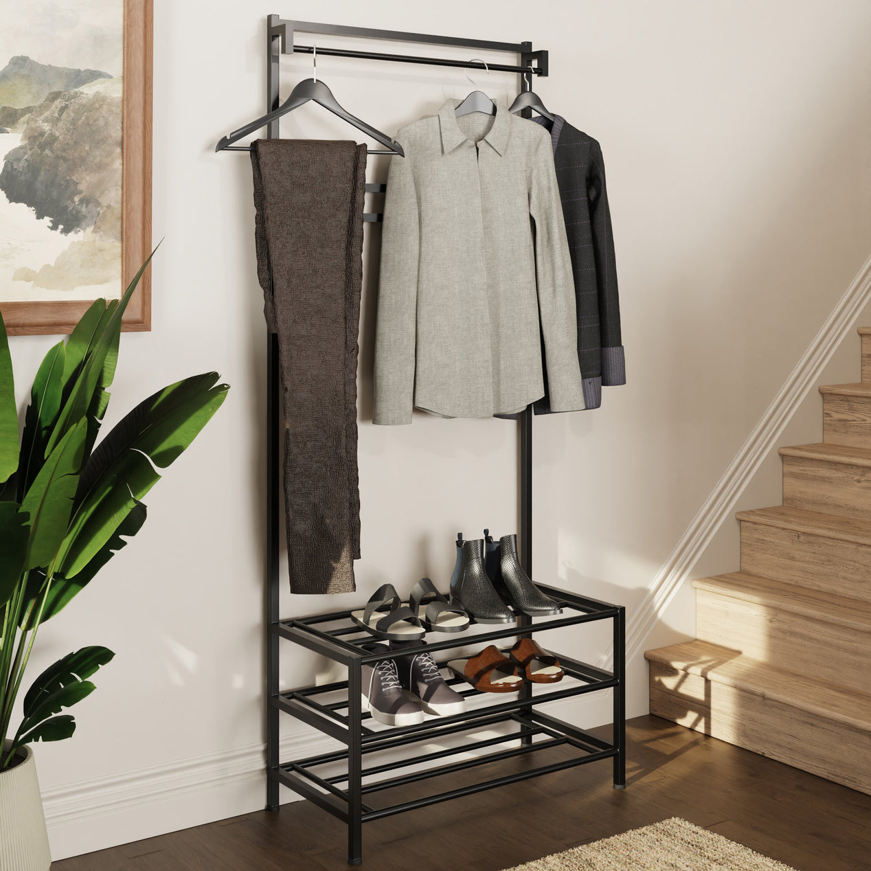 Industrial Urban Design Black Hallway Storage Rack With Hanging Rail