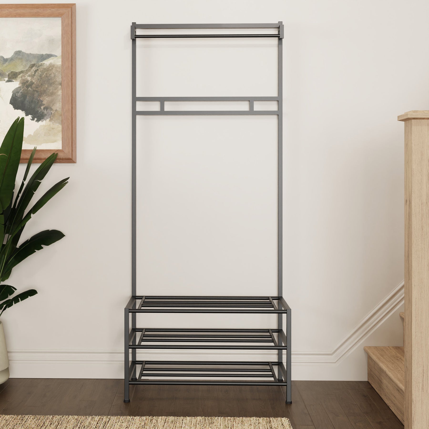 Industrial Urban Design Black Hallway Storage Rack With Hanging Rail