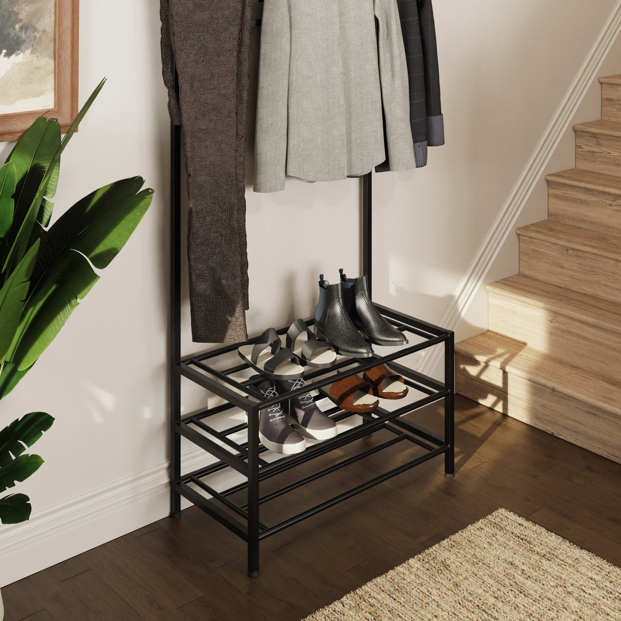Industrial Urban Design Black Hallway Storage Rack With Hanging Rail