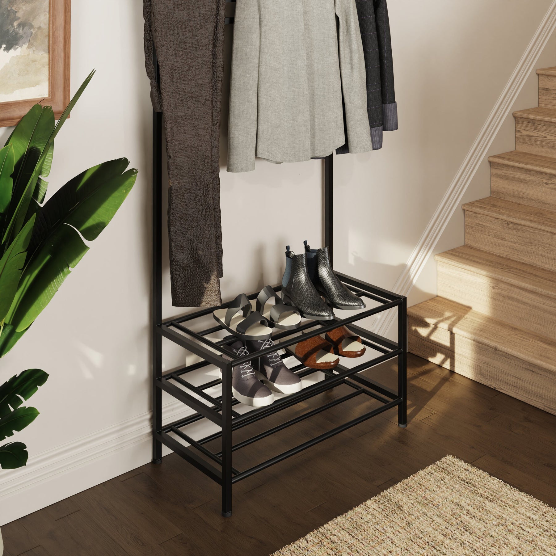 Industrial Urban Design Black Hallway Storage Rack With Hanging Rail