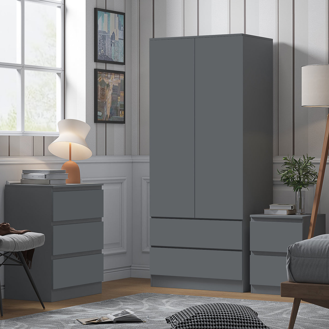 FWStyle Stora 2 Door 2 Drawer Combination Wardrobe - Matt Dark Grey