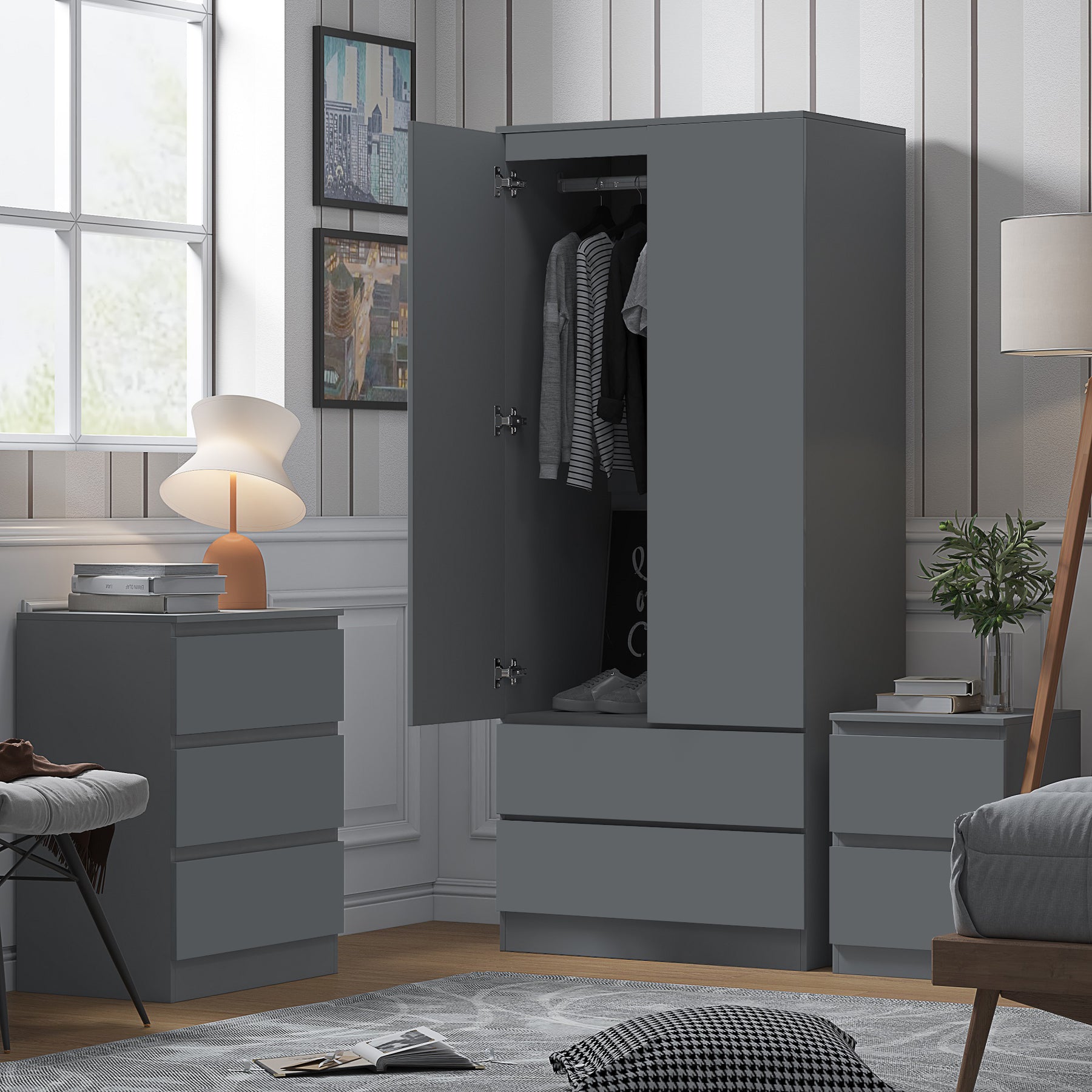 FWStyle Stora 2 Door 2 Drawer Combination Wardrobe - Matt Dark Grey