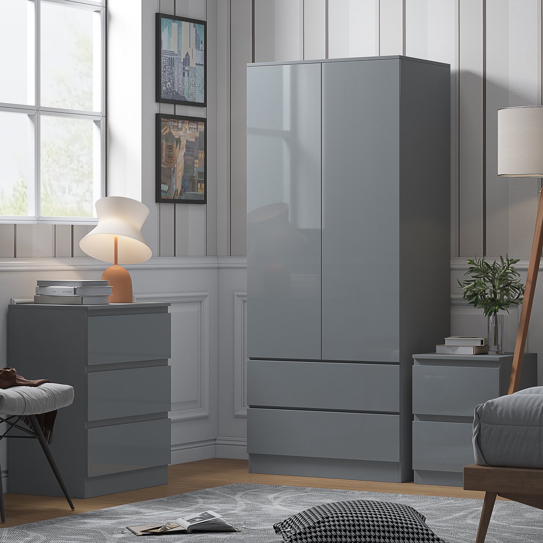 FWStyle Stora 2 Door 2 Drawer Combination Wardrobe - Grey Gloss Front
