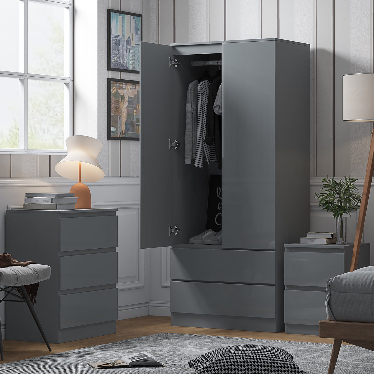 FWStyle Stora 2 Door 2 Drawer Combination Wardrobe - Grey Gloss Front