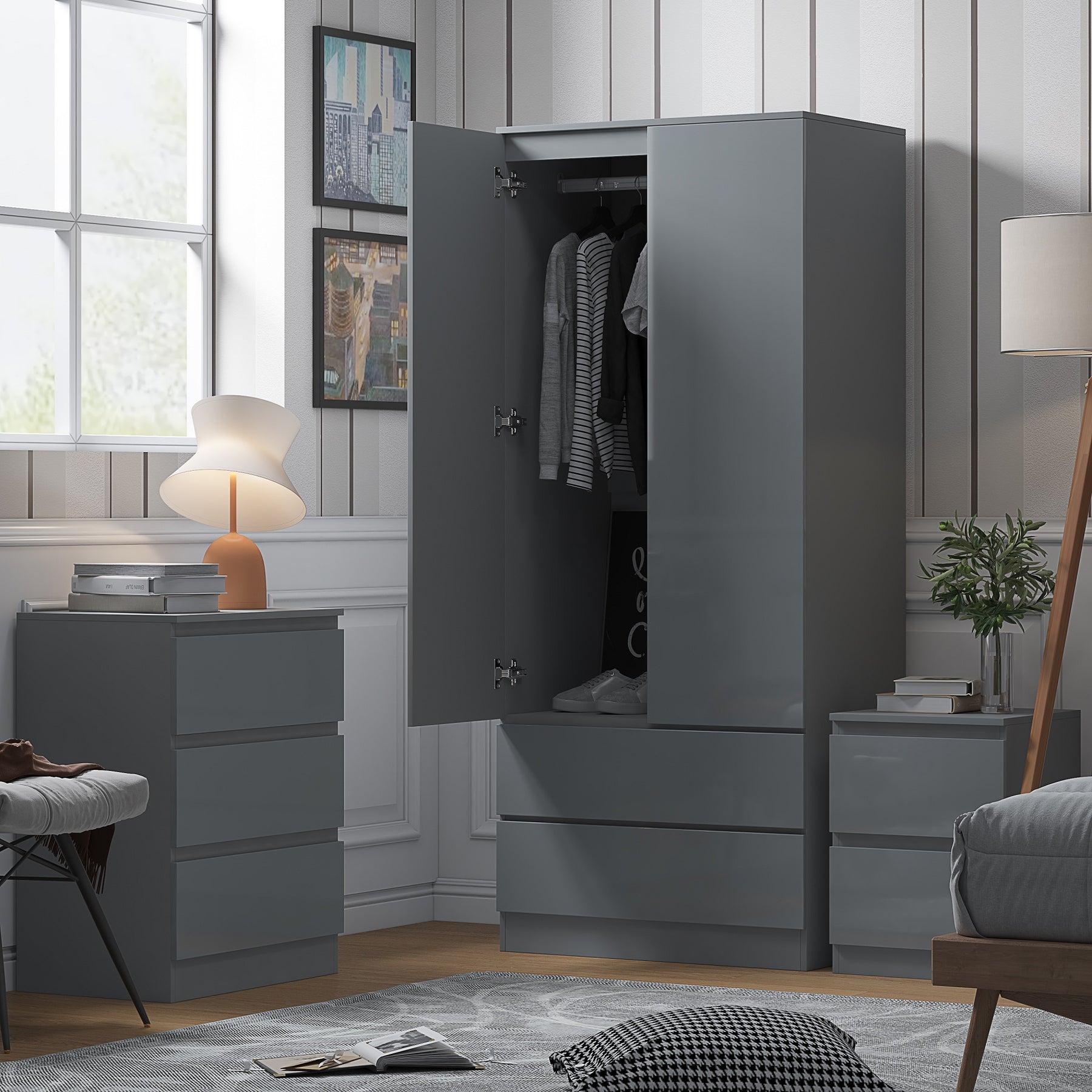 FWStyle Stora 2 Door 2 Drawer Combination Wardrobe - Grey Gloss Front