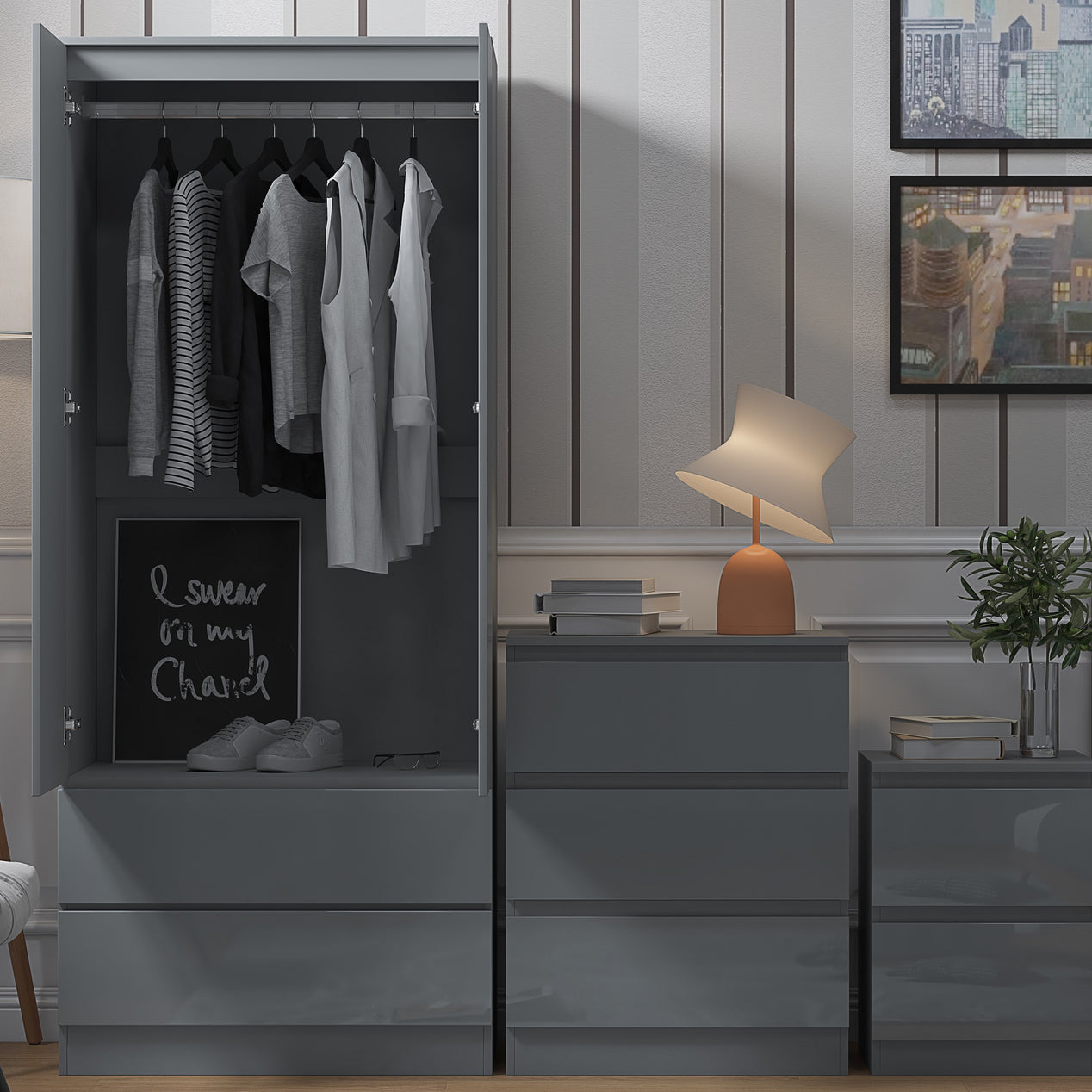 FWStyle Stora 2 Door 2 Drawer Combination Wardrobe - Grey Gloss Front