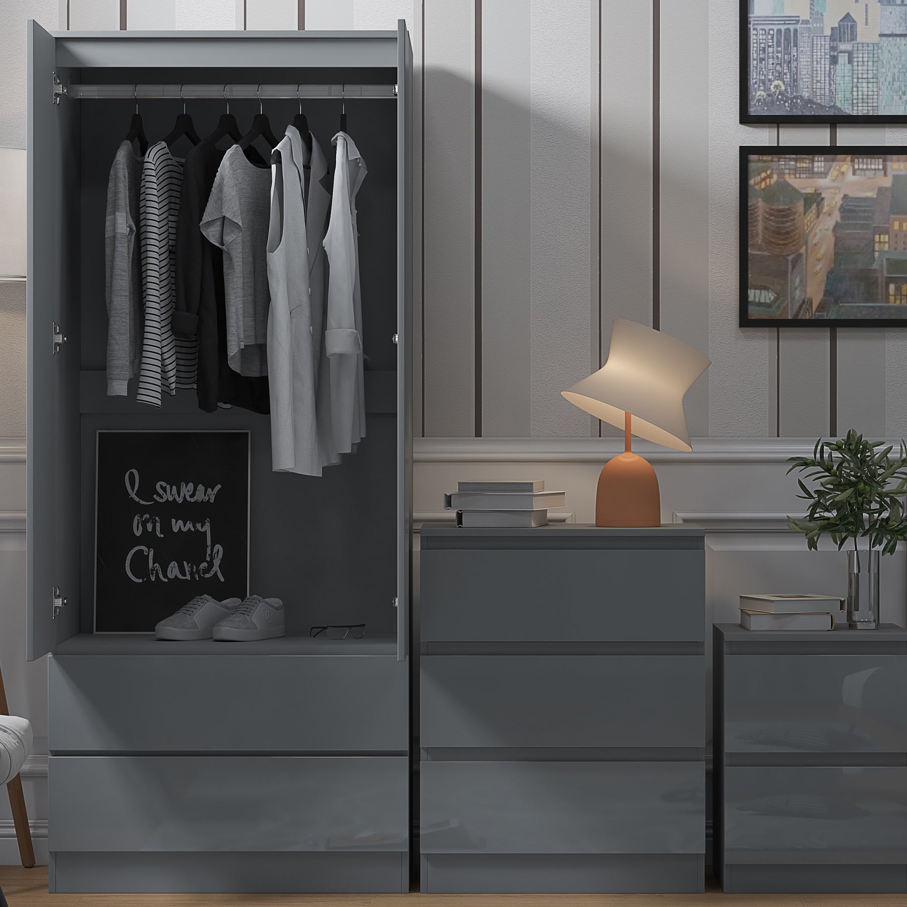 FWStyle Stora 2 Door 2 Drawer Combination Wardrobe - Grey Gloss Front