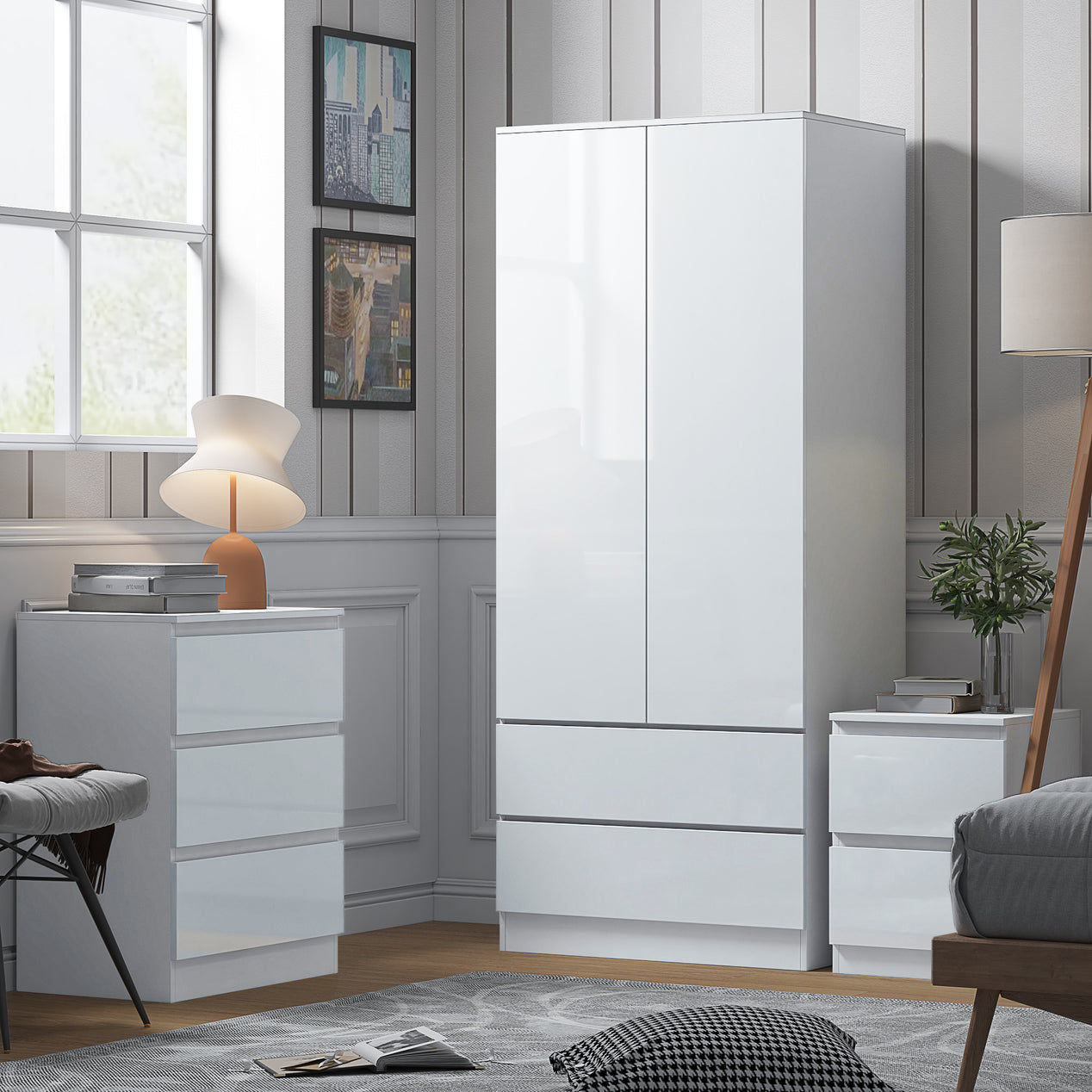 FWStyle Stora 2 Door 2 Drawer Combination Wardrobe - White Gloss Front