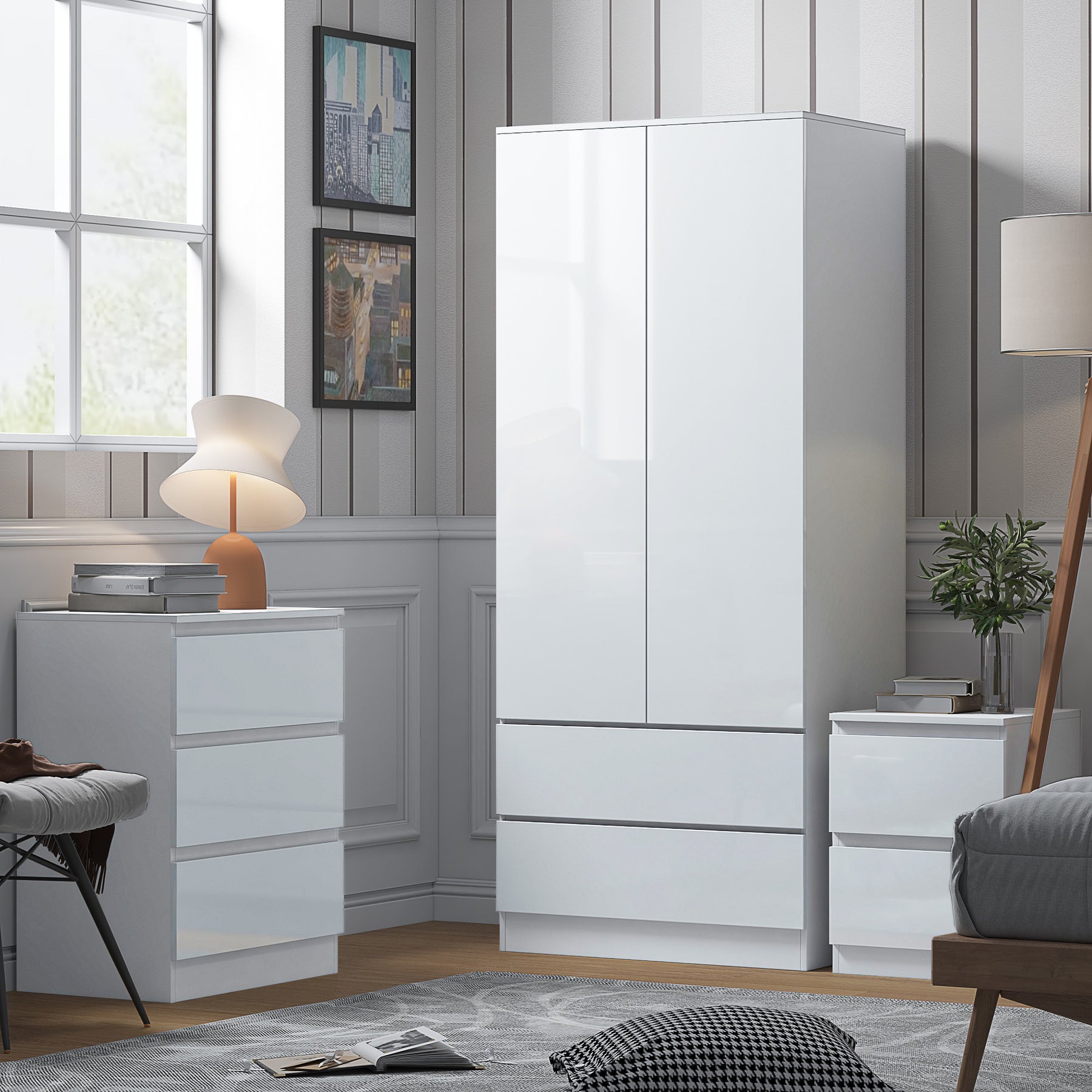 FWStyle Stora 2 Door 2 Drawer Combination Wardrobe - White Gloss Front