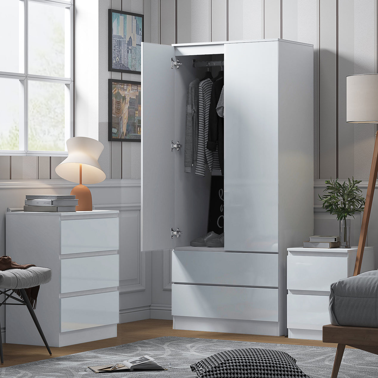 FWStyle Stora 2 Door 2 Drawer Combination Wardrobe - White Gloss Front