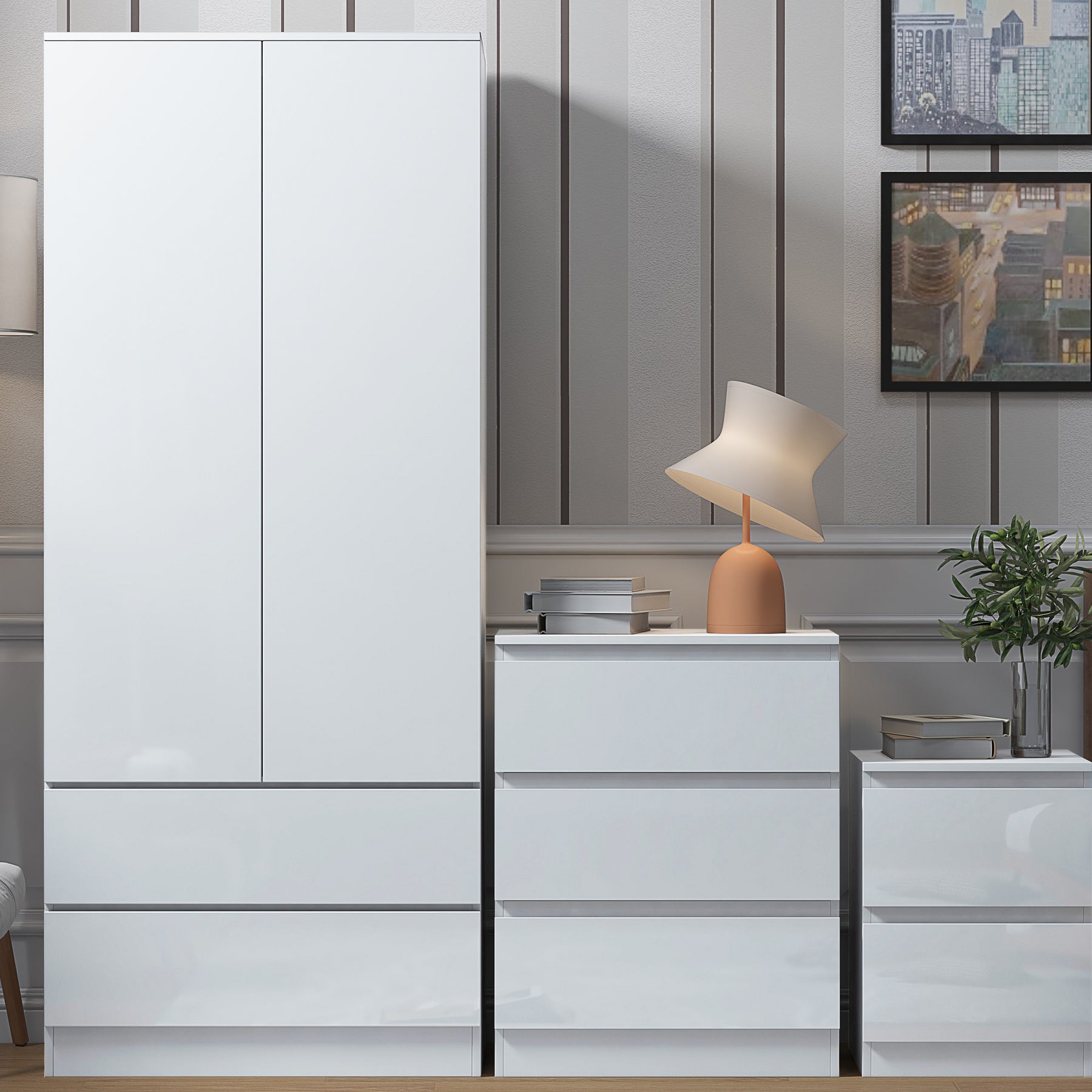 FWStyle Stora 2 Door 2 Drawer Combination Wardrobe - White Gloss Front