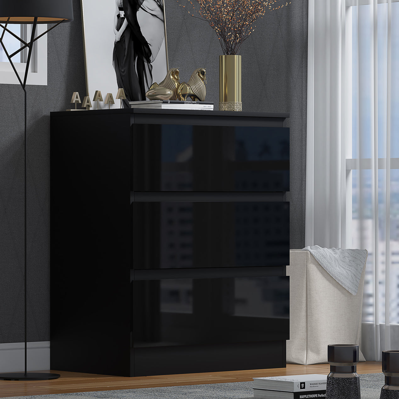 FWStyle Stora 3 Drawer Chest of Drawers - Black Gloss Front