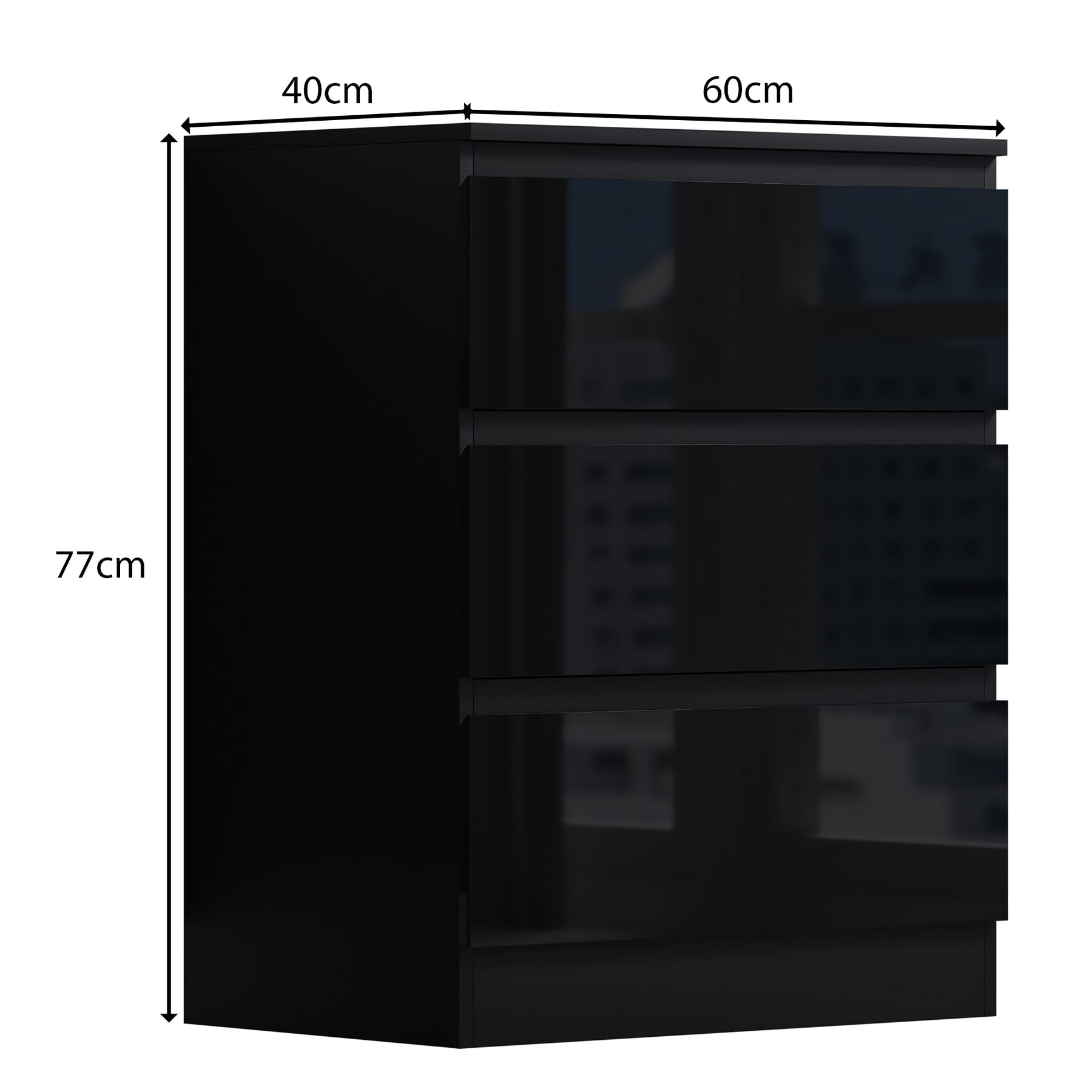 FWStyle Stora 3 Drawer Chest of Drawers - Black Gloss Front