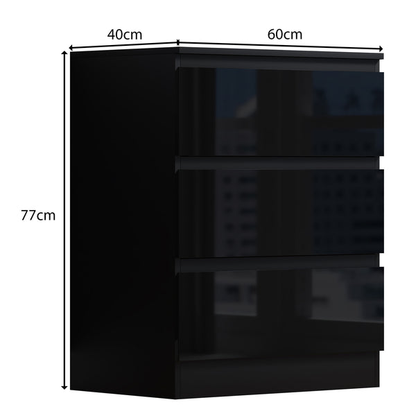 FWStyle Stora 3 Drawer Chest of Drawers - Black Gloss Front