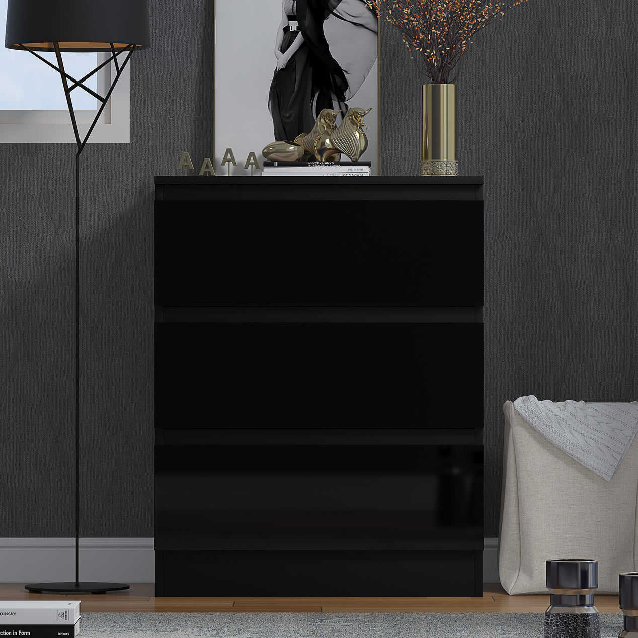 FWStyle Stora 3 Drawer Chest of Drawers - Black Gloss Front