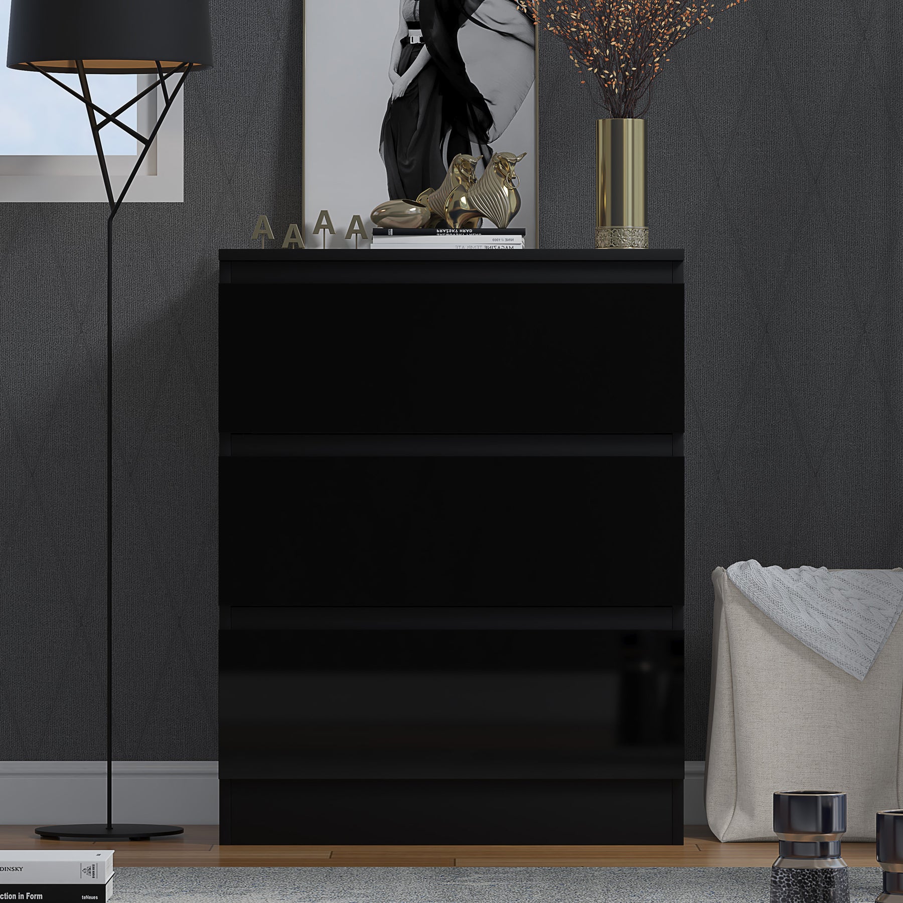 FWStyle Stora 3 Drawer Chest of Drawers - Black Gloss Front