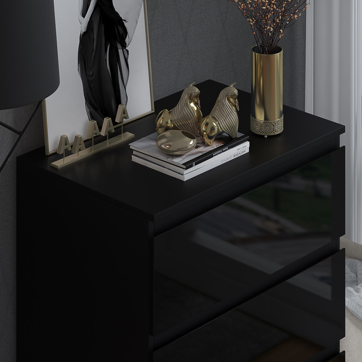FWStyle Stora 3 Drawer Chest of Drawers - Black Gloss Front