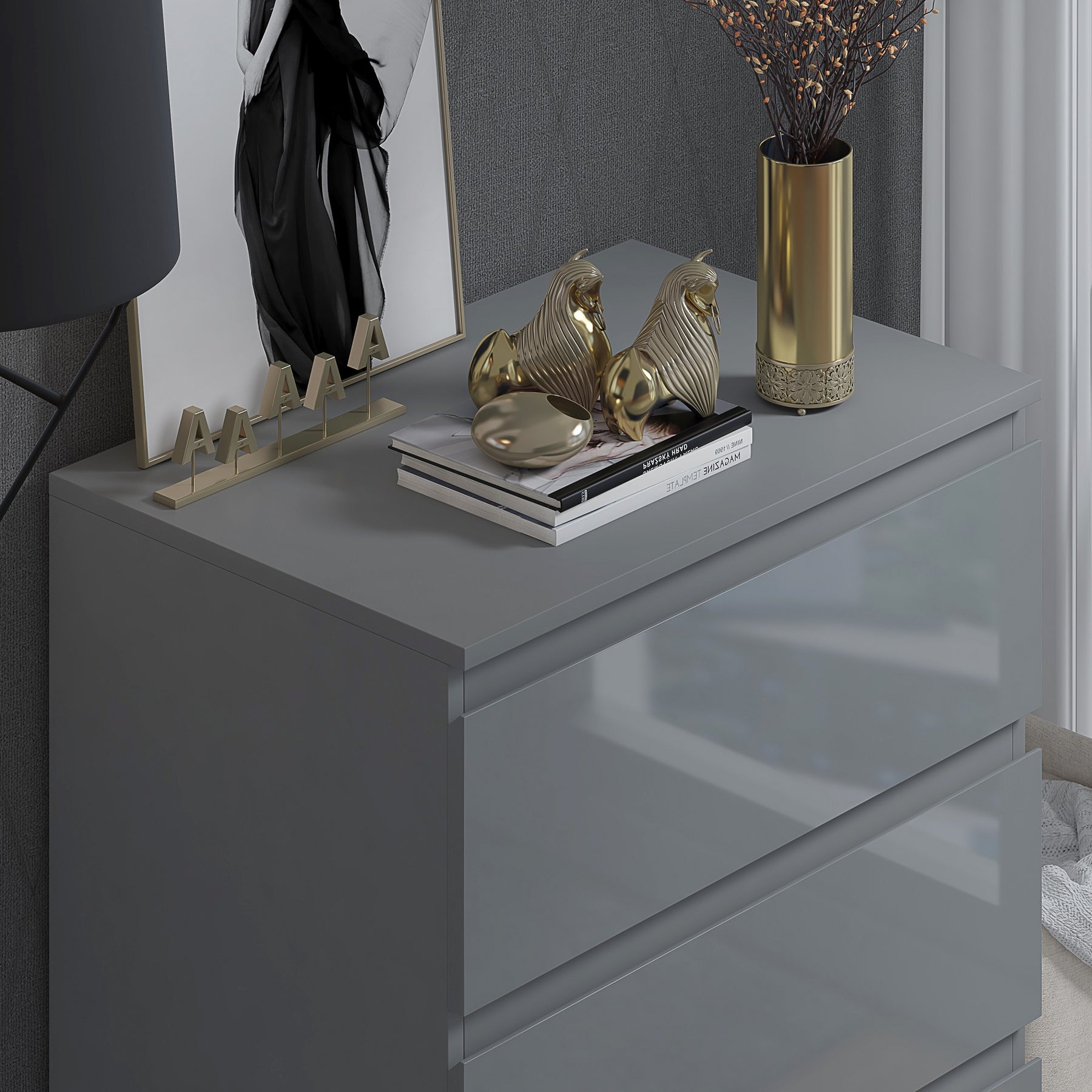 FWStyle Stora 3 Drawer Chest of Drawers - Grey Gloss Front