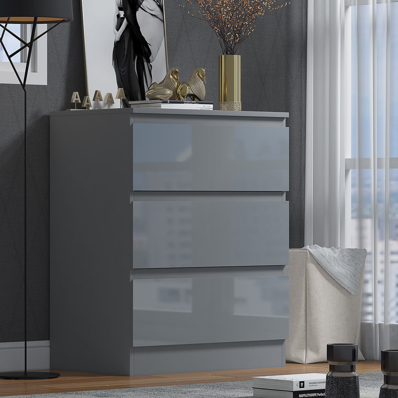 FWStyle Stora 3 Drawer Chest of Drawers - Grey Gloss Front