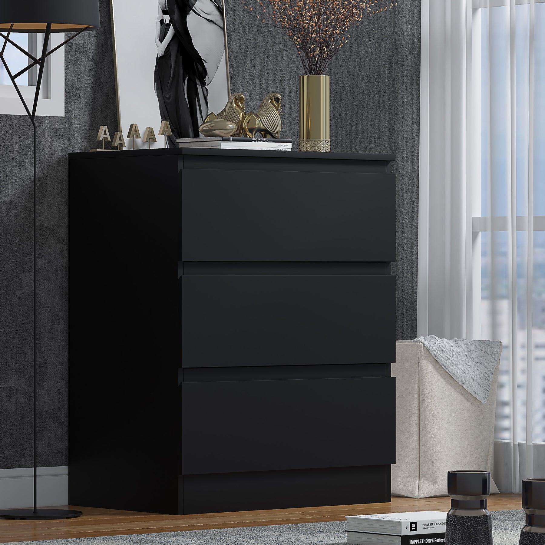 FWStyle Stora 3 Drawer Chest of Drawers - Matt Black