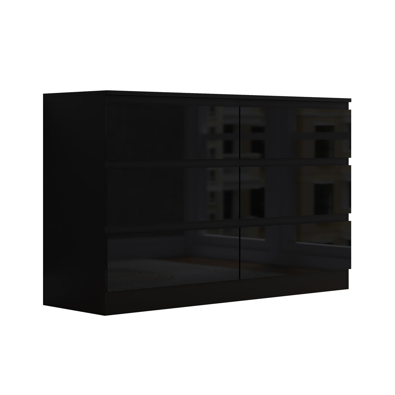 FWStyle Stora 6 Drawer Wide 3+3 Chest Of Drawers - Black Gloss Front