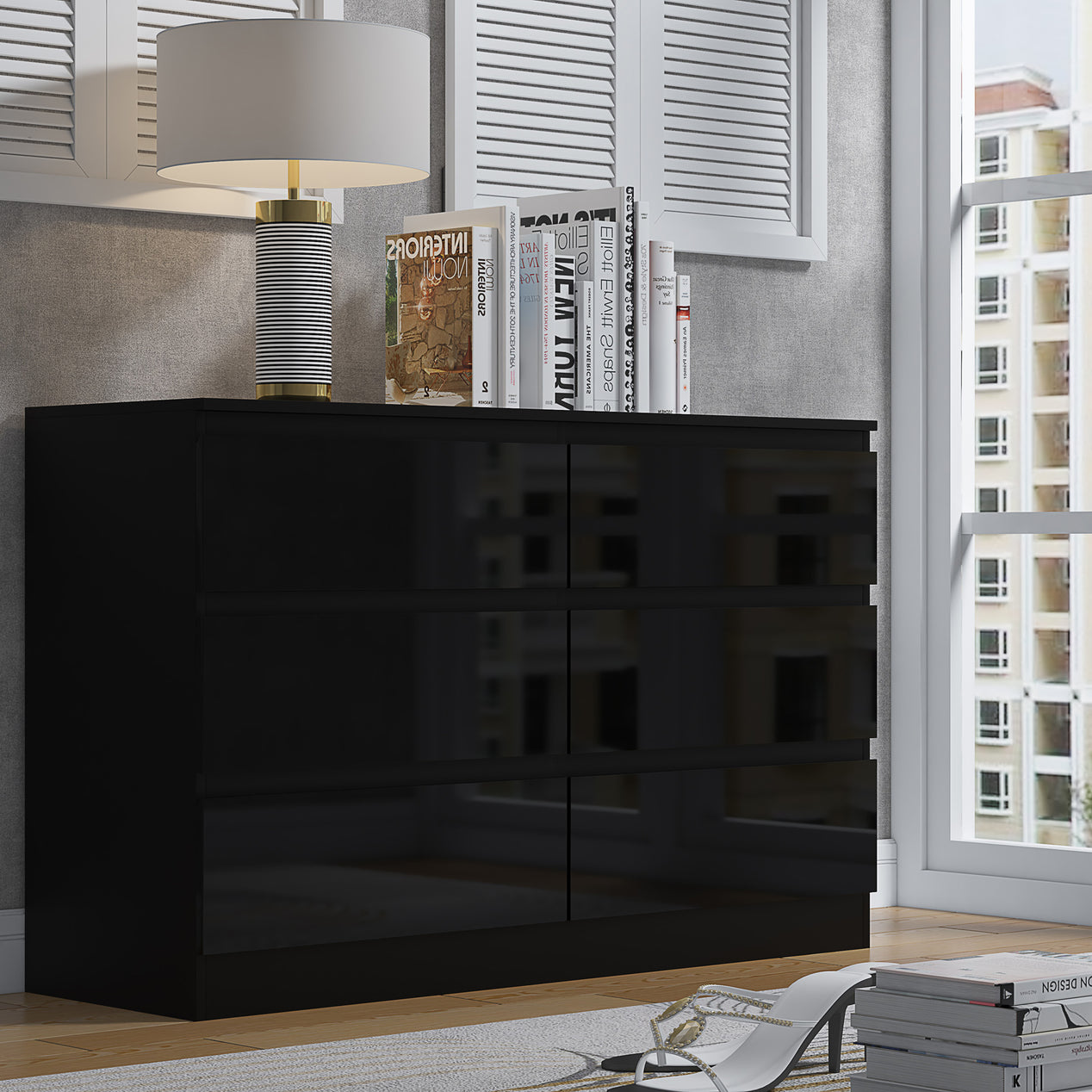 FWStyle Stora 6 Drawer Wide 3+3 Chest Of Drawers - Black Gloss Front