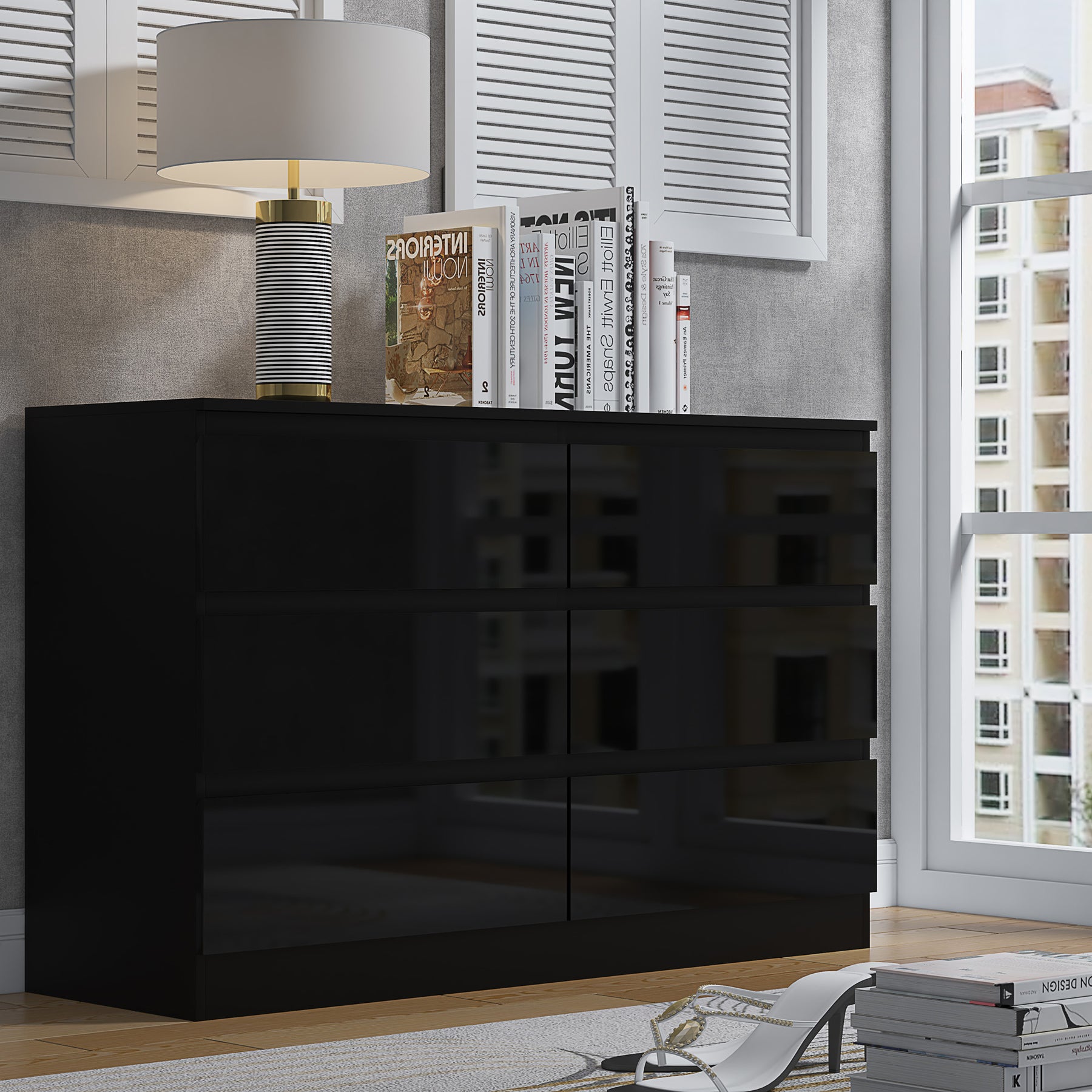 FWStyle Stora 6 Drawer Wide 3+3 Chest Of Drawers - Black Gloss Front