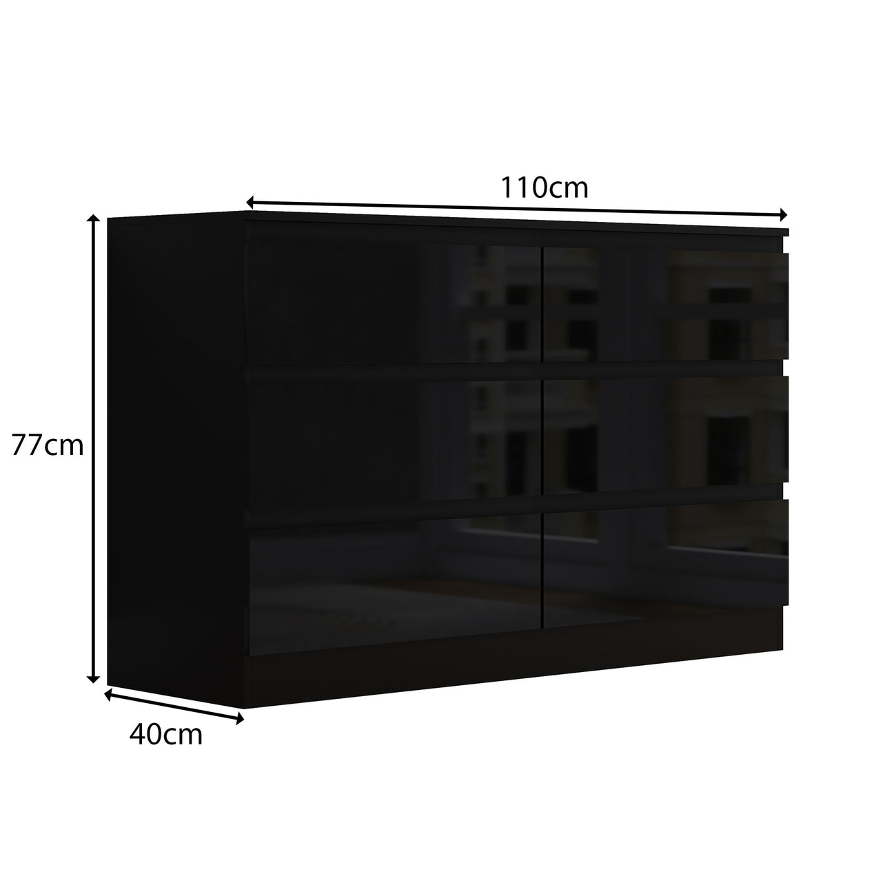 FWStyle Stora 6 Drawer Wide 3+3 Chest Of Drawers - Black Gloss Front