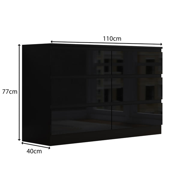 FWStyle Stora 6 Drawer Wide 3+3 Chest Of Drawers - Black Gloss Front
