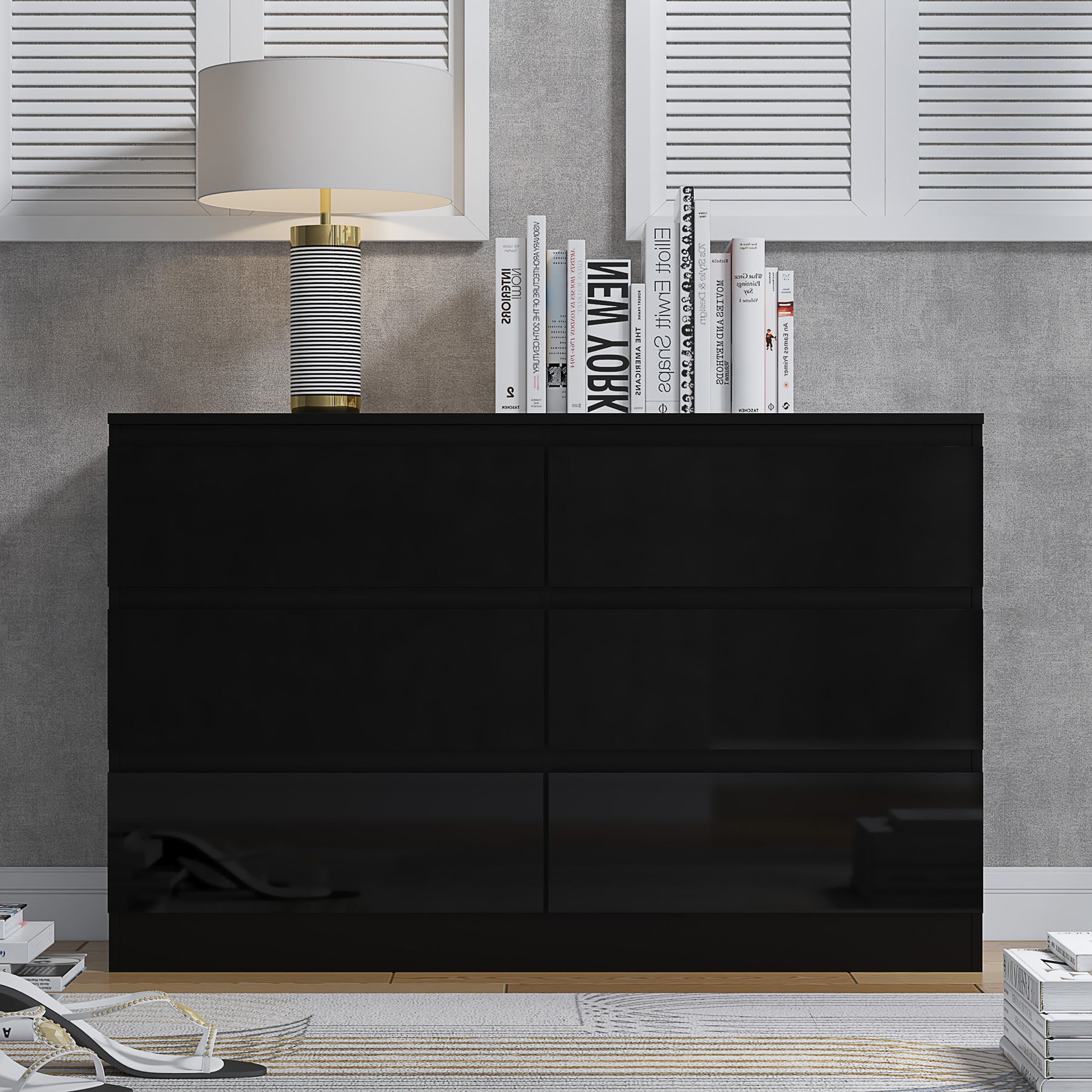 FWStyle Stora 6 Drawer Wide 3+3 Chest Of Drawers - Black Gloss Front