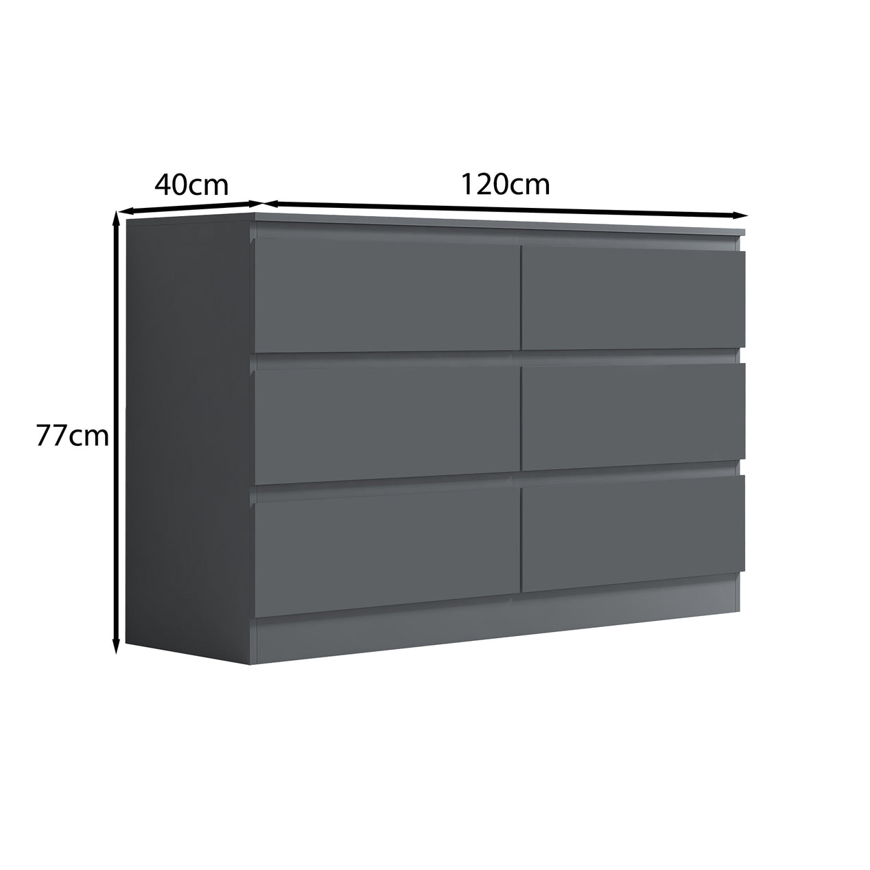 FWStyle Stora 6 Drawer Wide 3+3 Chest Of Drawers - Matt Dark Grey