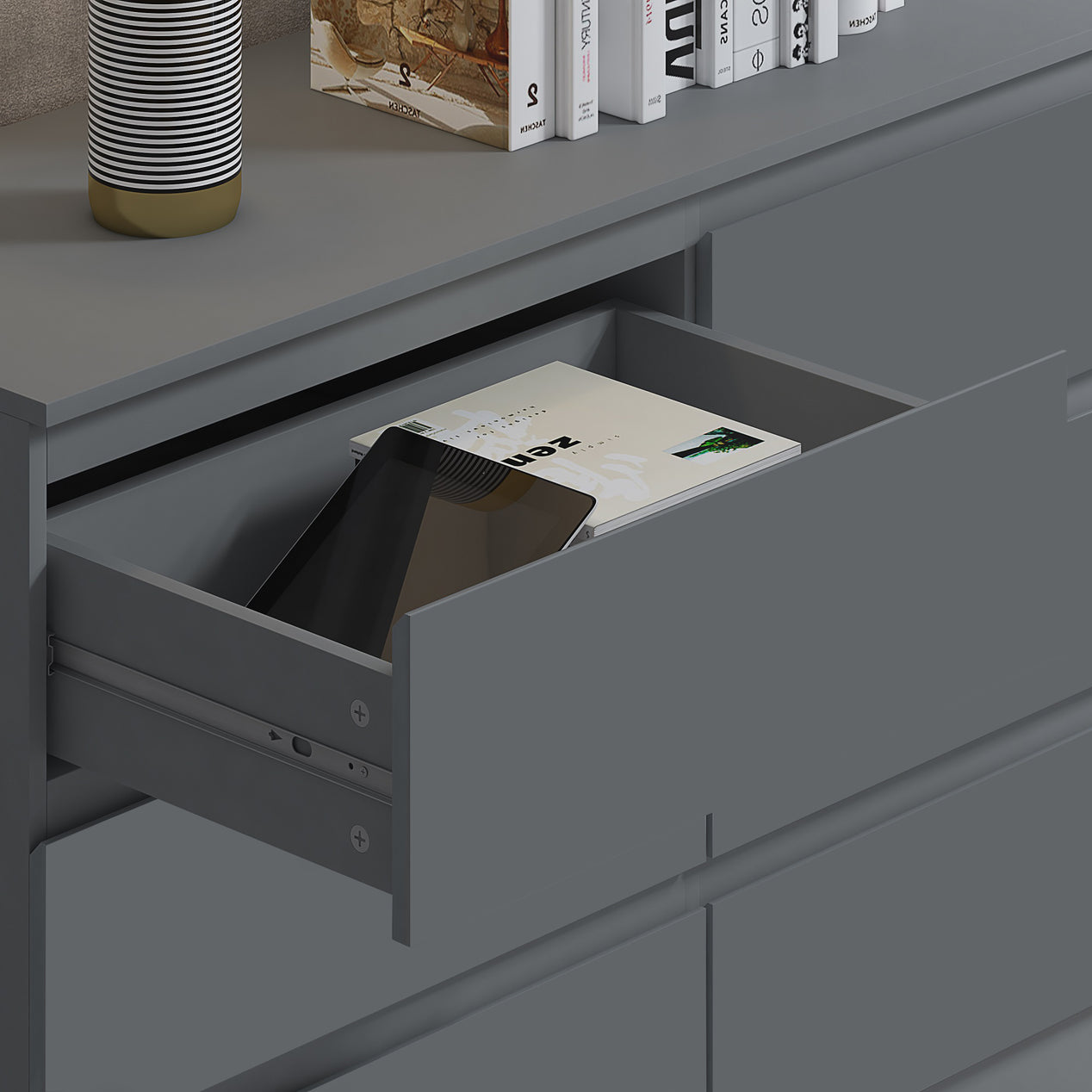 FWStyle Stora 6 Drawer Wide 3+3 Chest Of Drawers - Matt Dark Grey