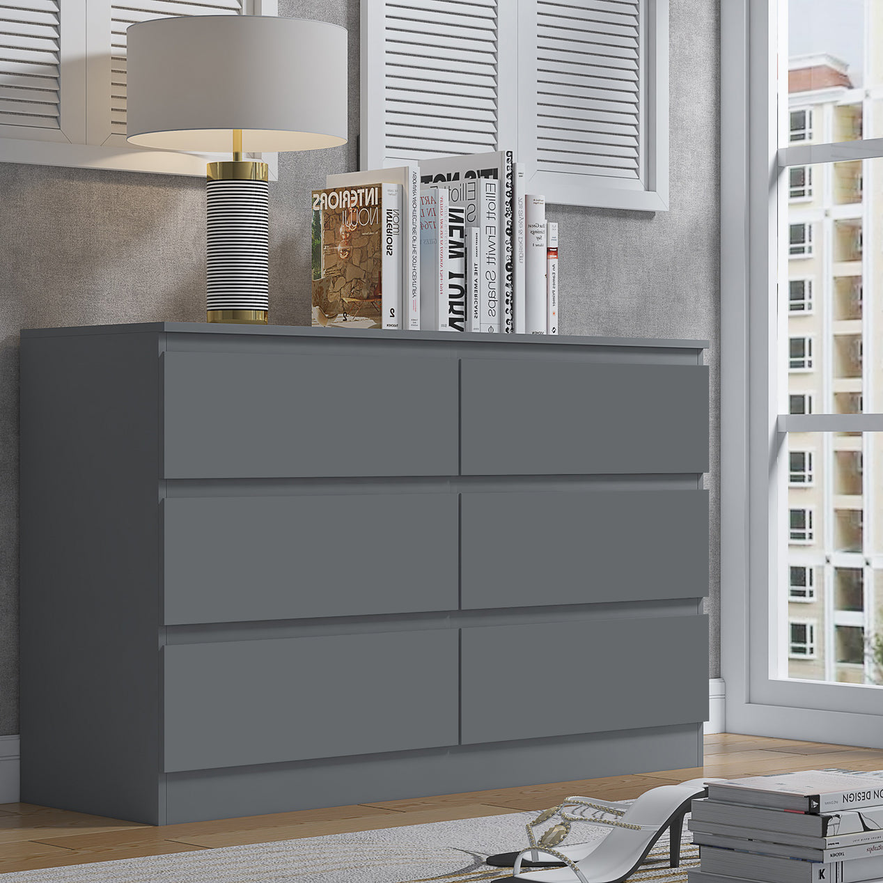 FWStyle Stora 6 Drawer Wide 3+3 Chest Of Drawers - Matt Dark Grey