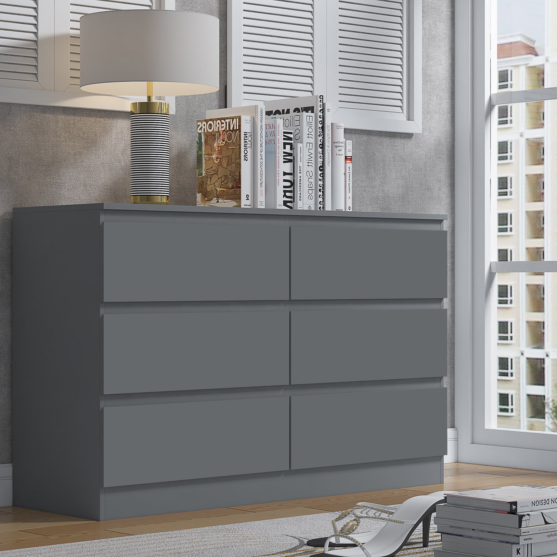 FWStyle Stora 6 Drawer Wide 3+3 Chest Of Drawers - Matt Dark Grey