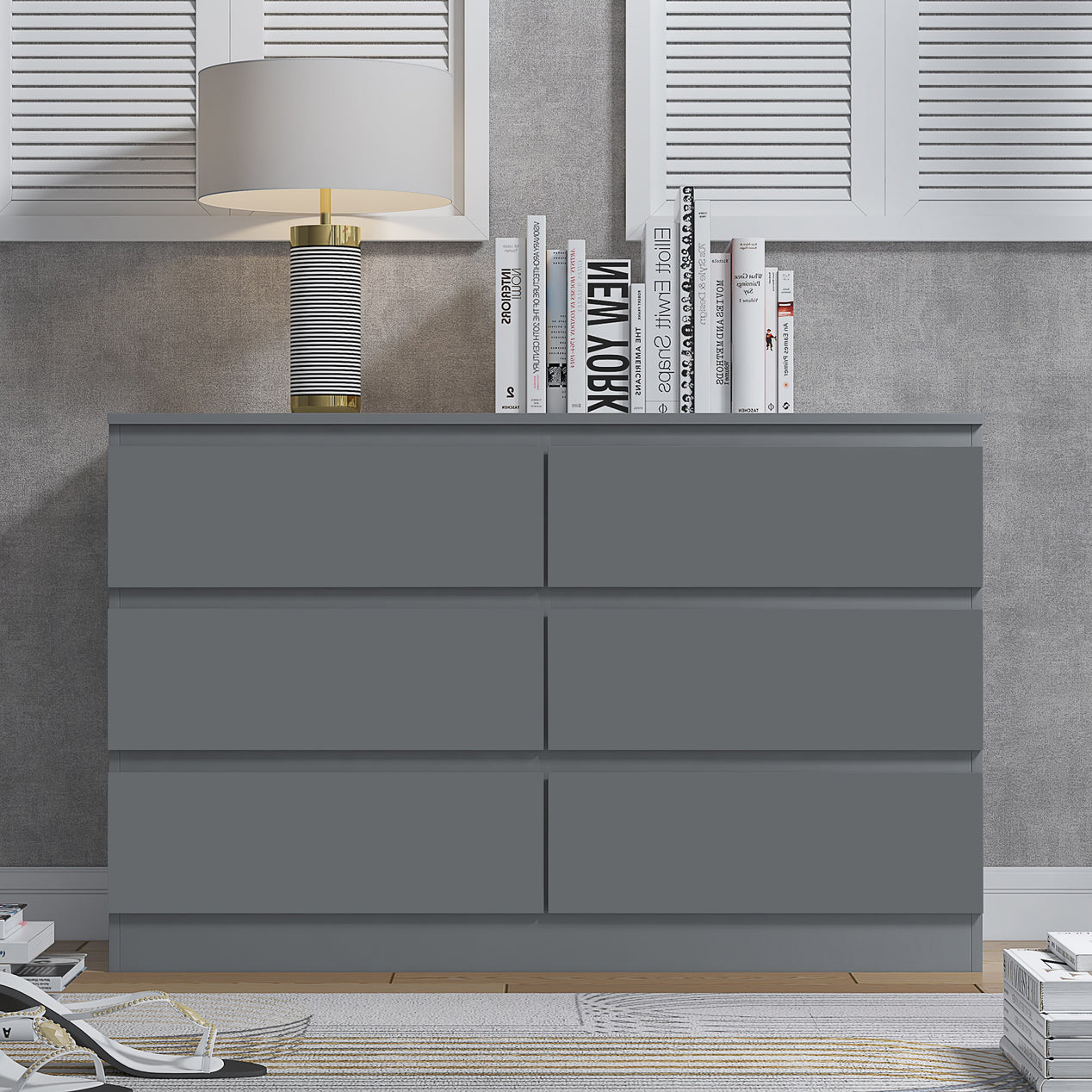 FWStyle Stora 6 Drawer Wide 3+3 Chest Of Drawers - Matt Dark Grey