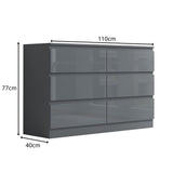 FWStyle Stora 6 Drawer Wide 3+3 Chest Of Drawers - Grey Gloss Front