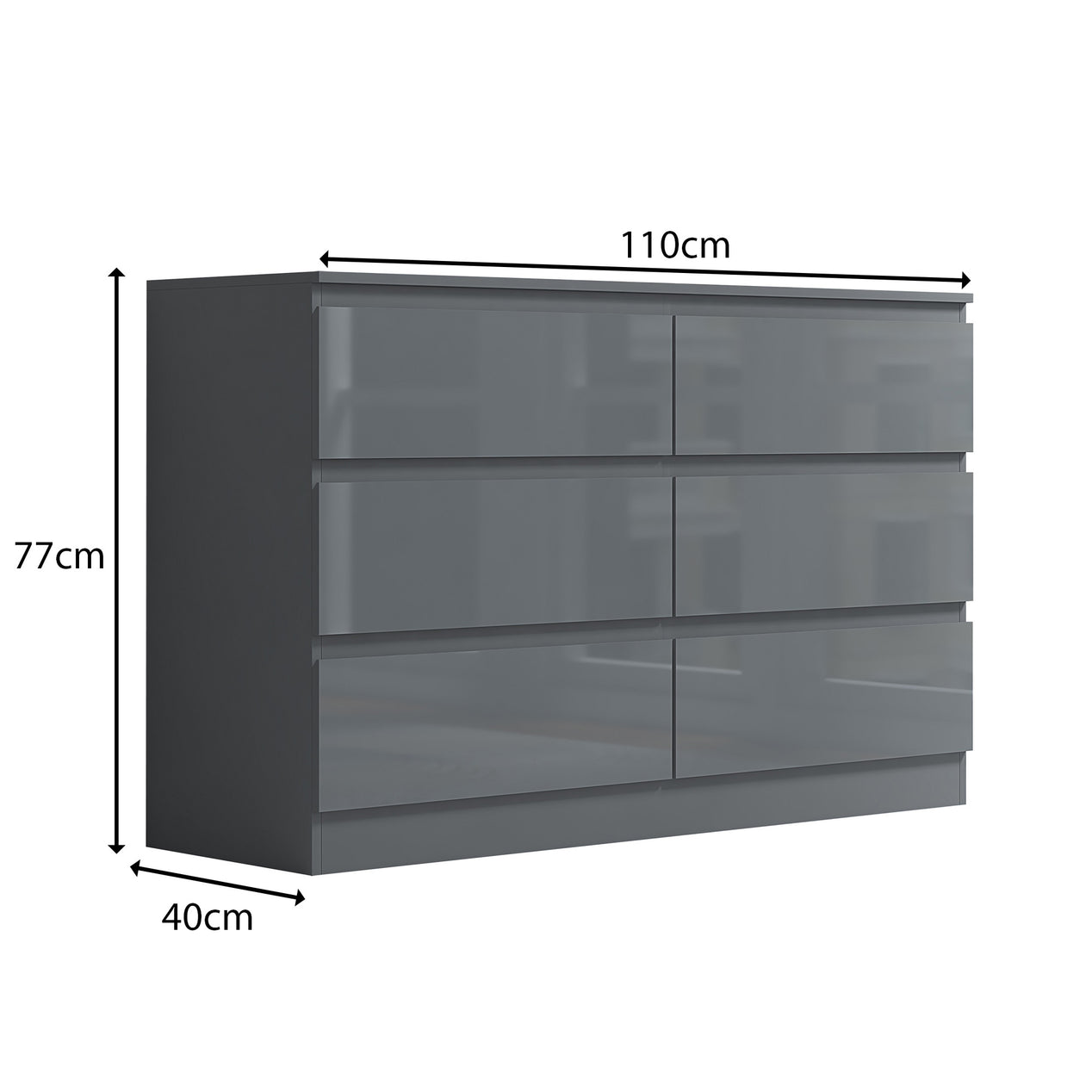 FWStyle Stora 6 Drawer Wide 3+3 Chest Of Drawers - Grey Gloss Front