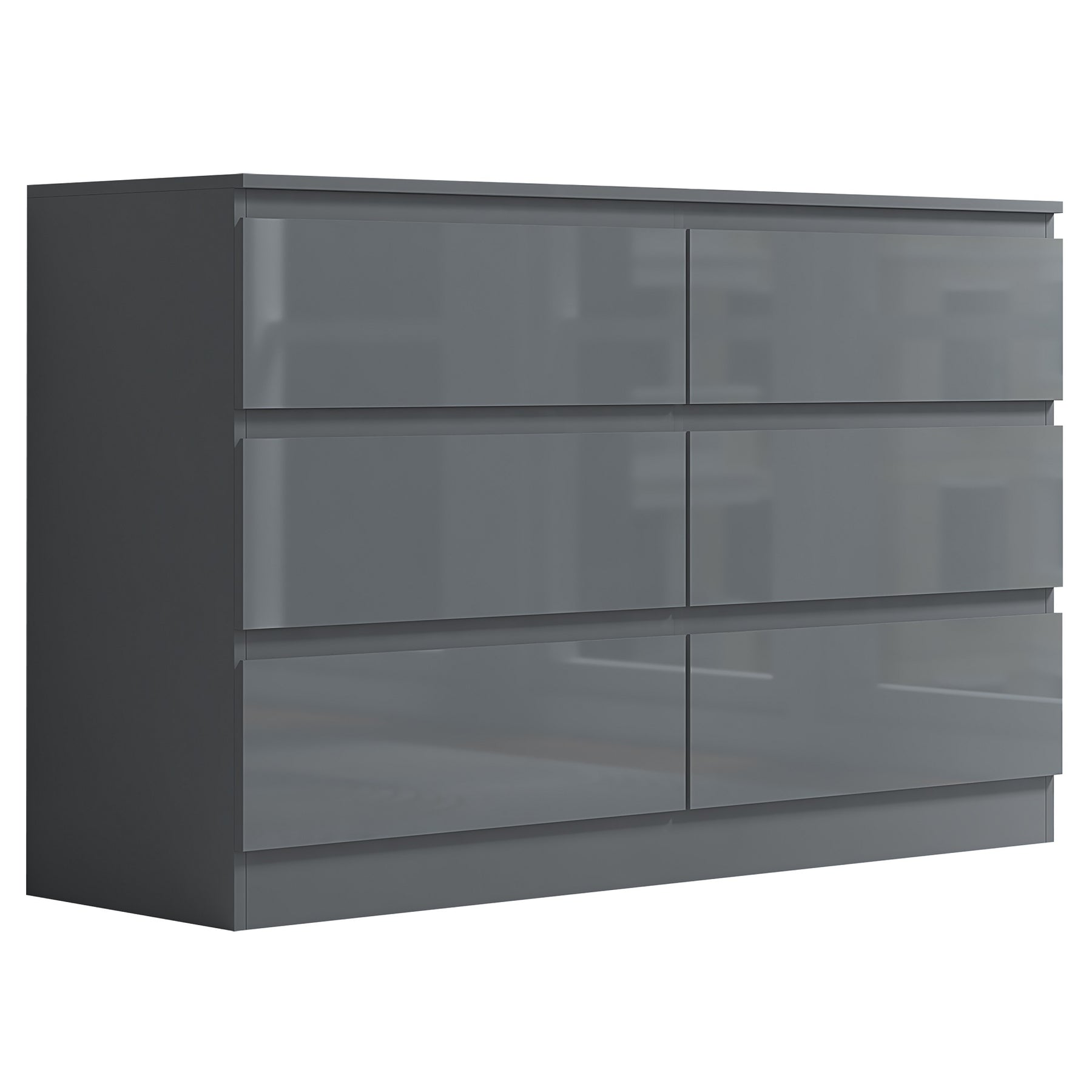 FWStyle Stora 6 Drawer Wide 3+3 Chest Of Drawers - Grey Gloss Front